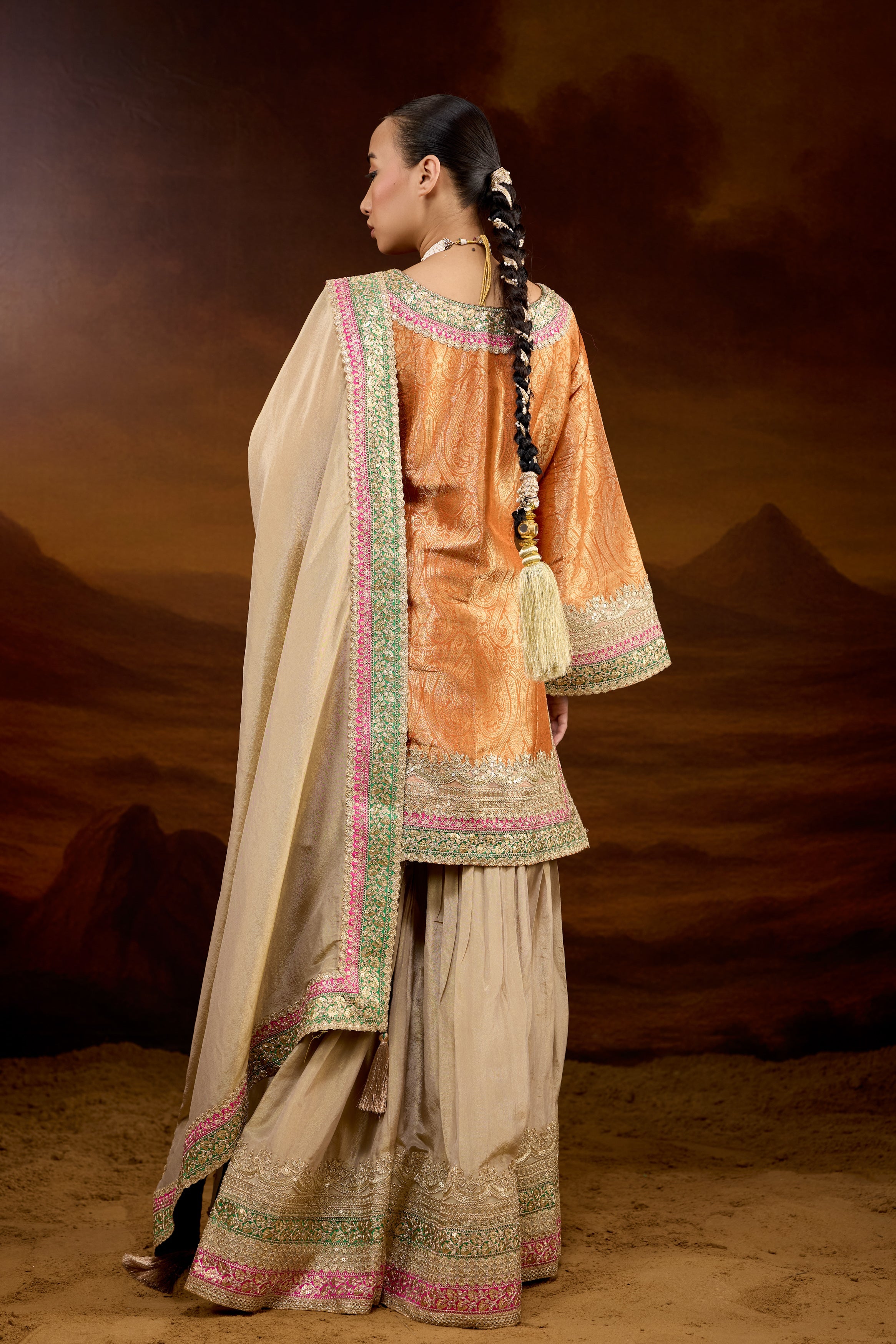 Hot Orange Embellished Brocade Silk Sharara Set