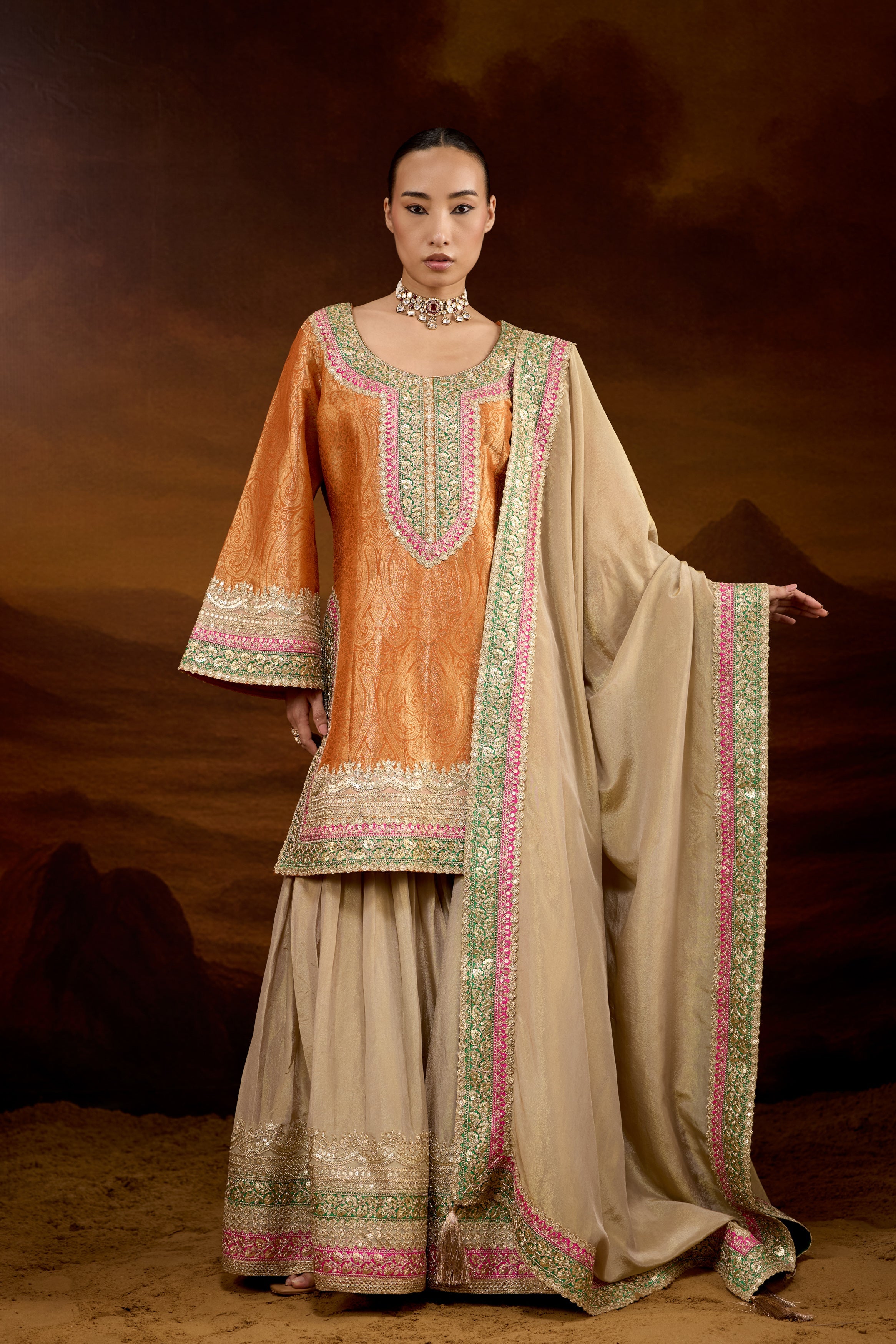 Hot Orange Embellished Brocade Silk Sharara Set