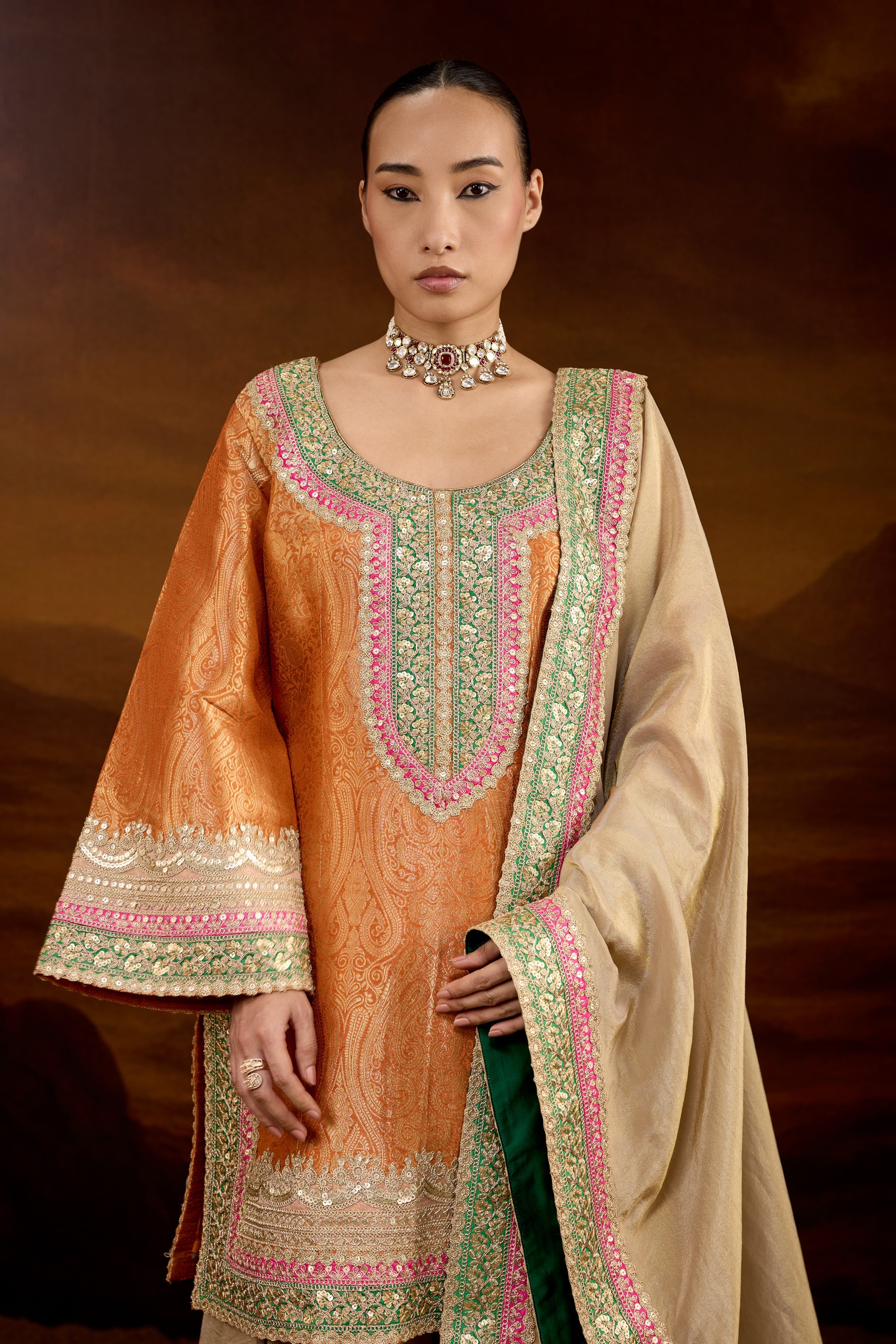 Hot Orange Embellished Brocade Silk Sharara Set