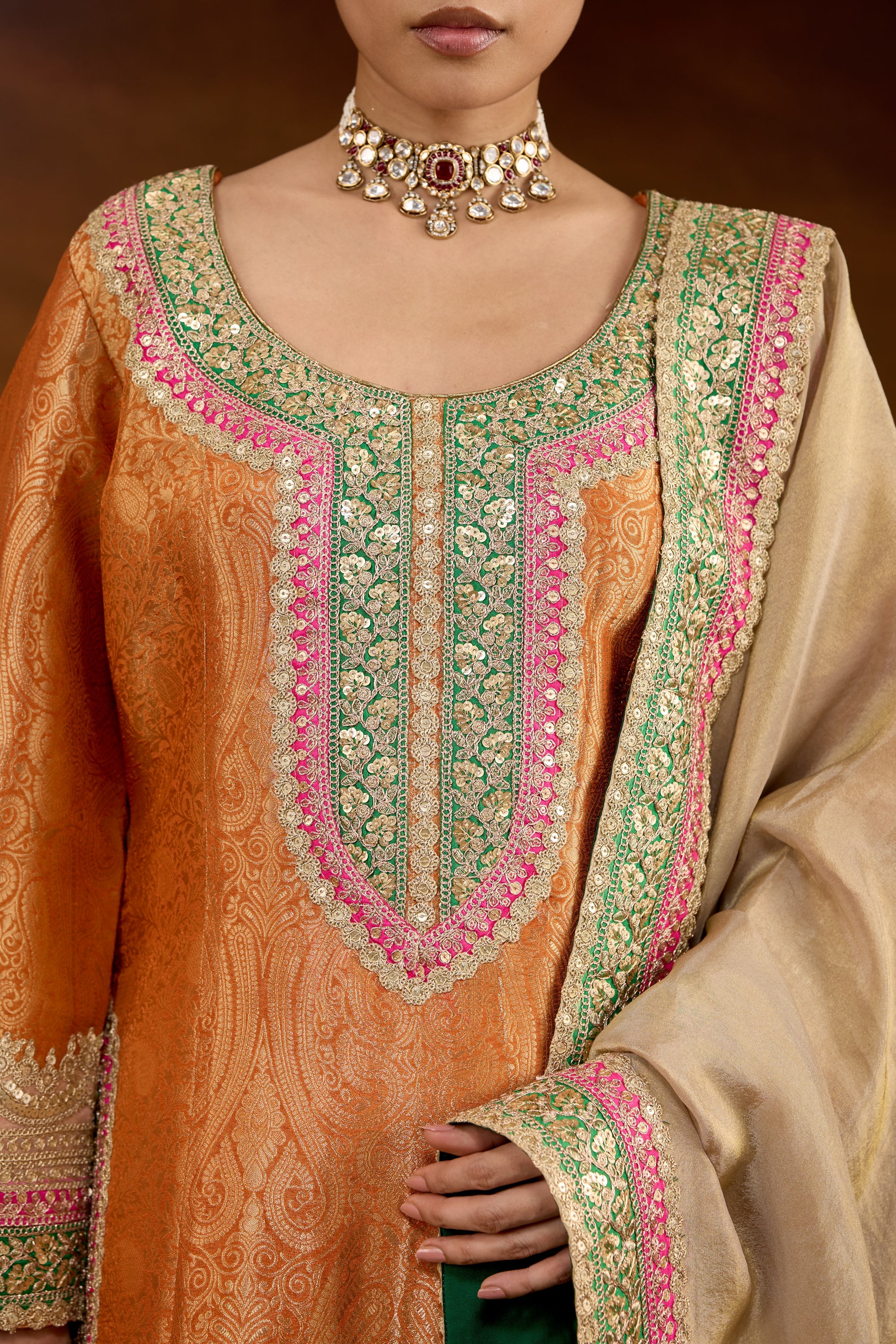 Hot Orange Embellished Brocade Silk Sharara Set