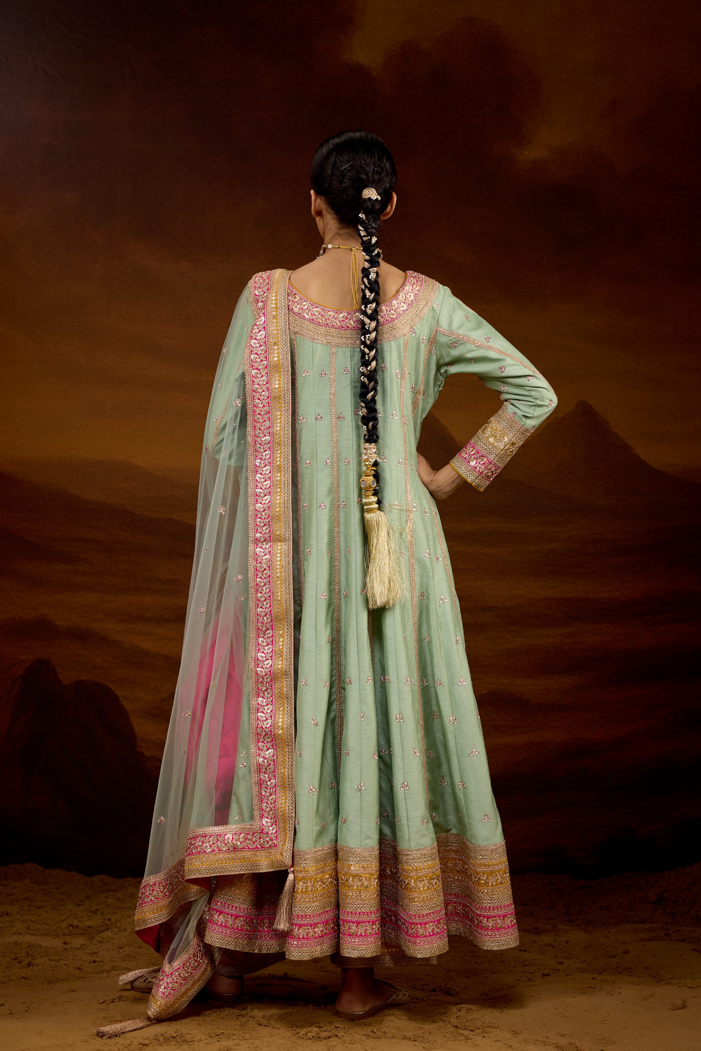 Sage Green Embellished Raw Silk Anarkali Set