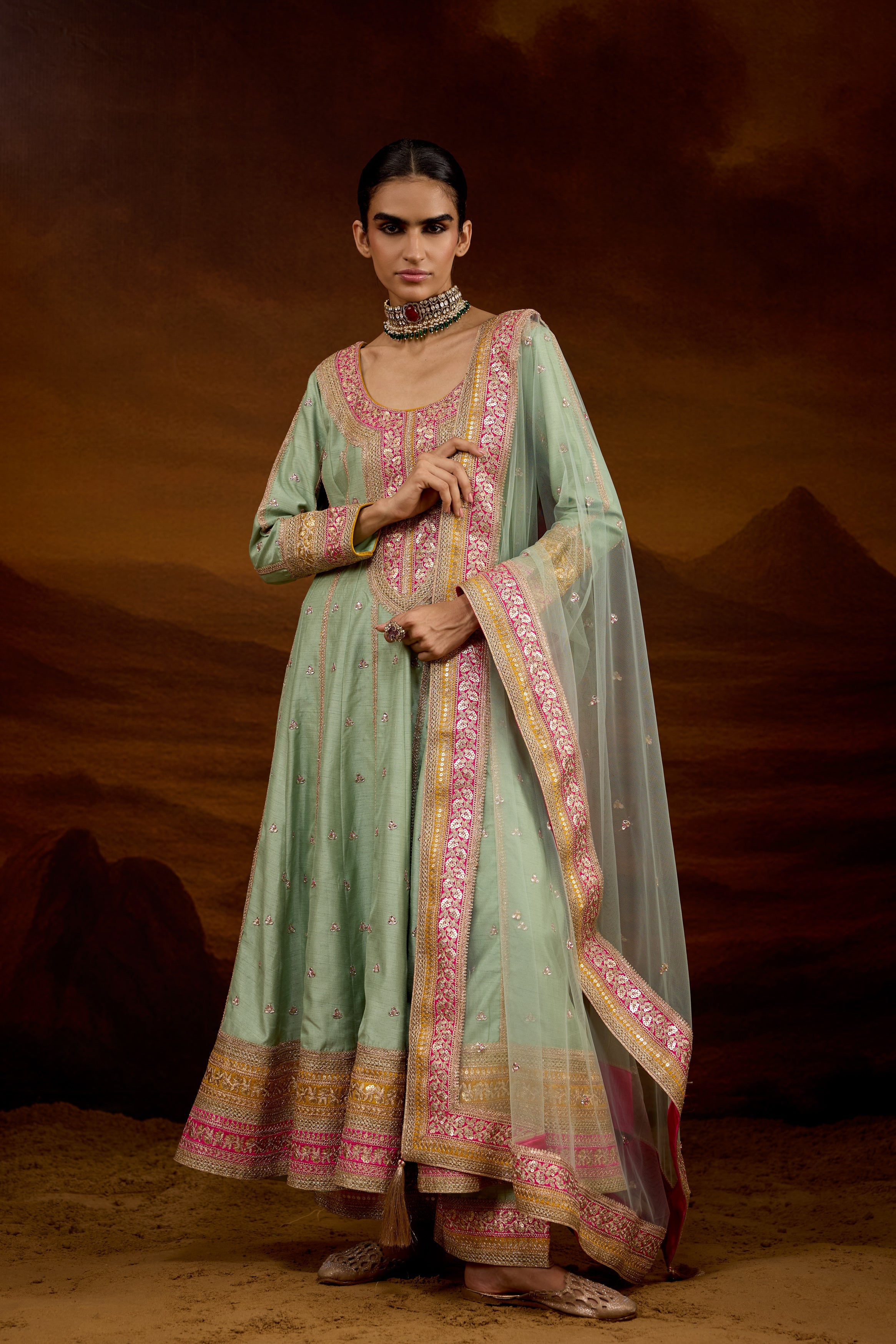 Sage Green Embellished Raw Silk Anarkali Set