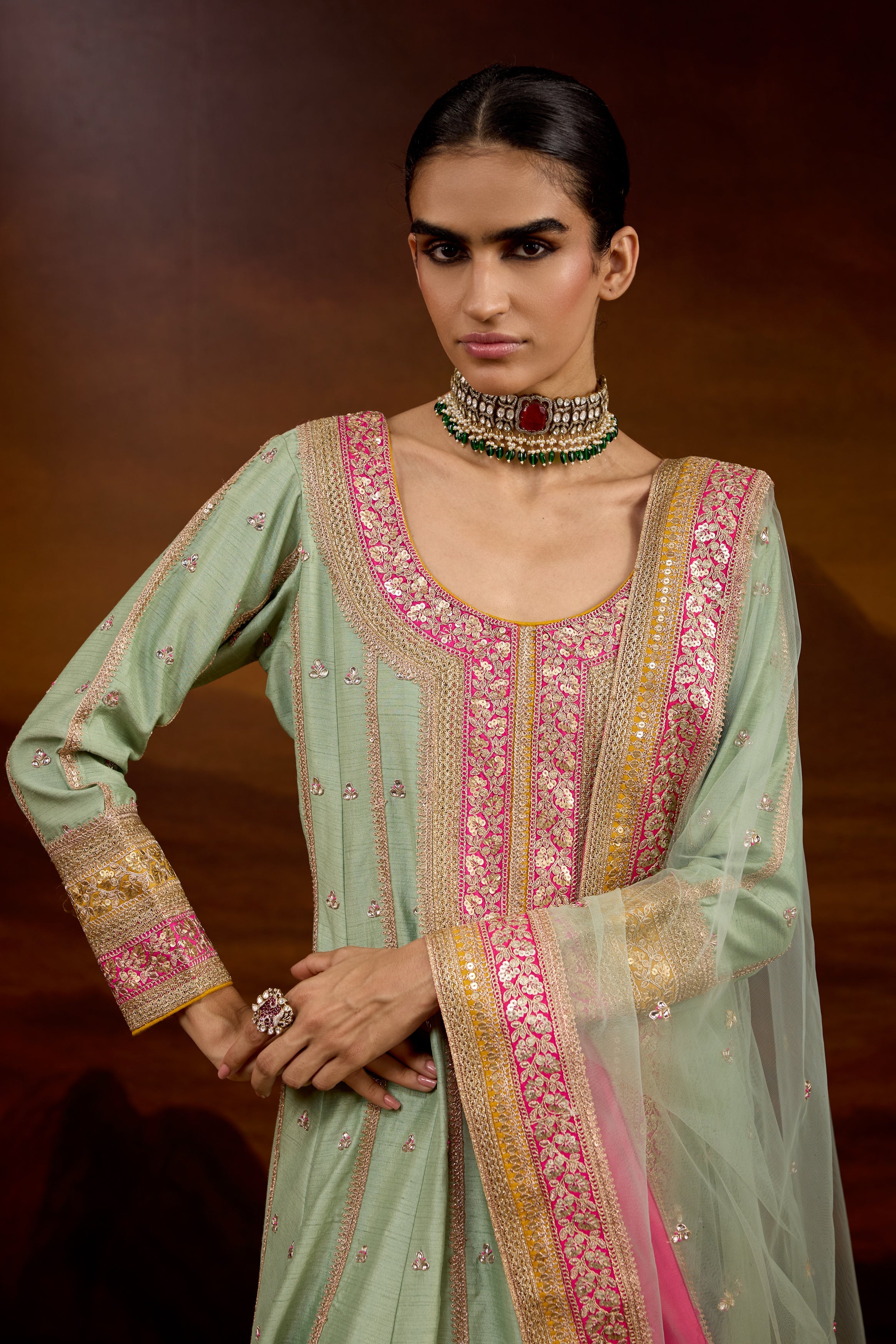 Sage Green Embellished Raw Silk Anarkali Set
