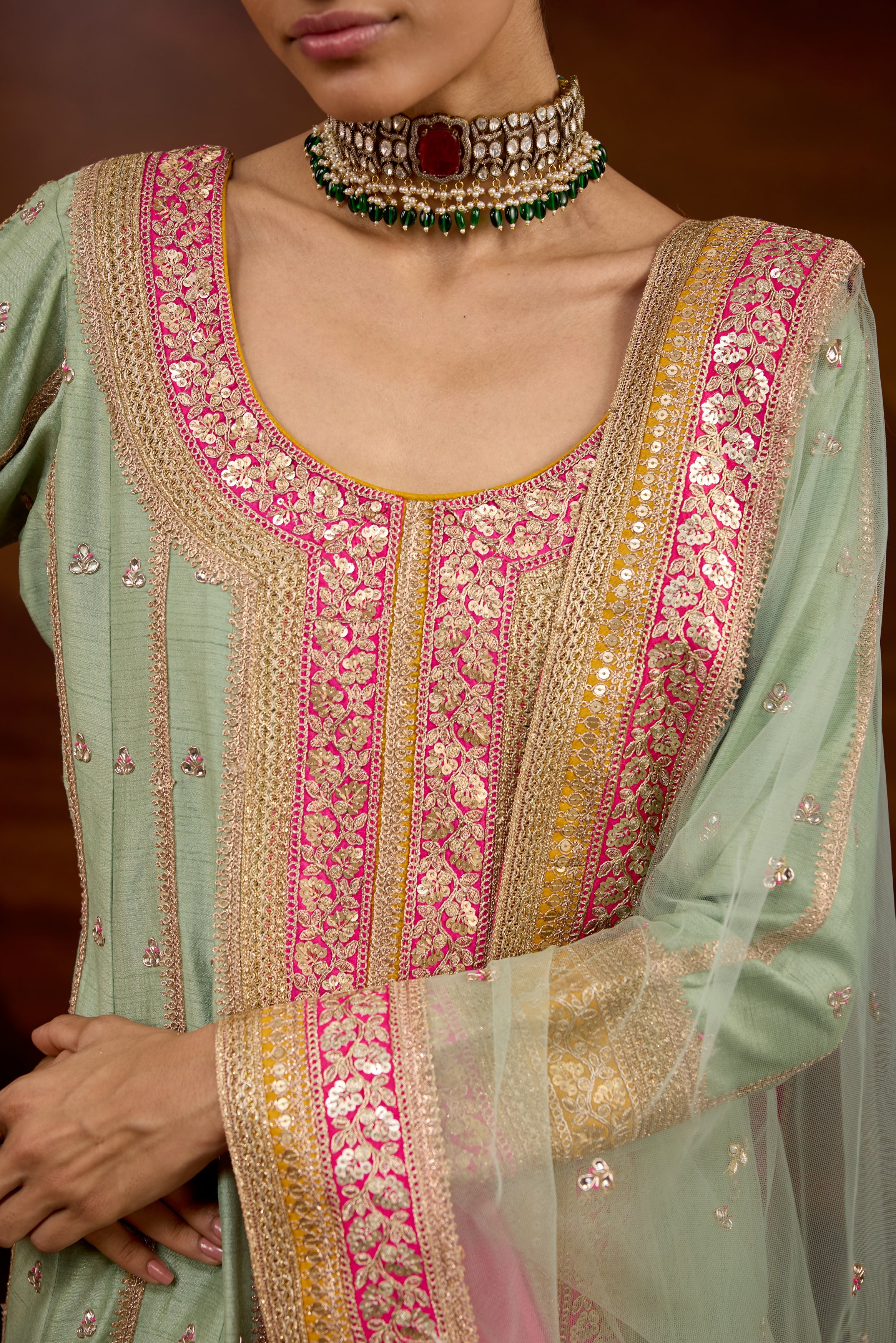 Sage Green Embellished Raw Silk Anarkali Set