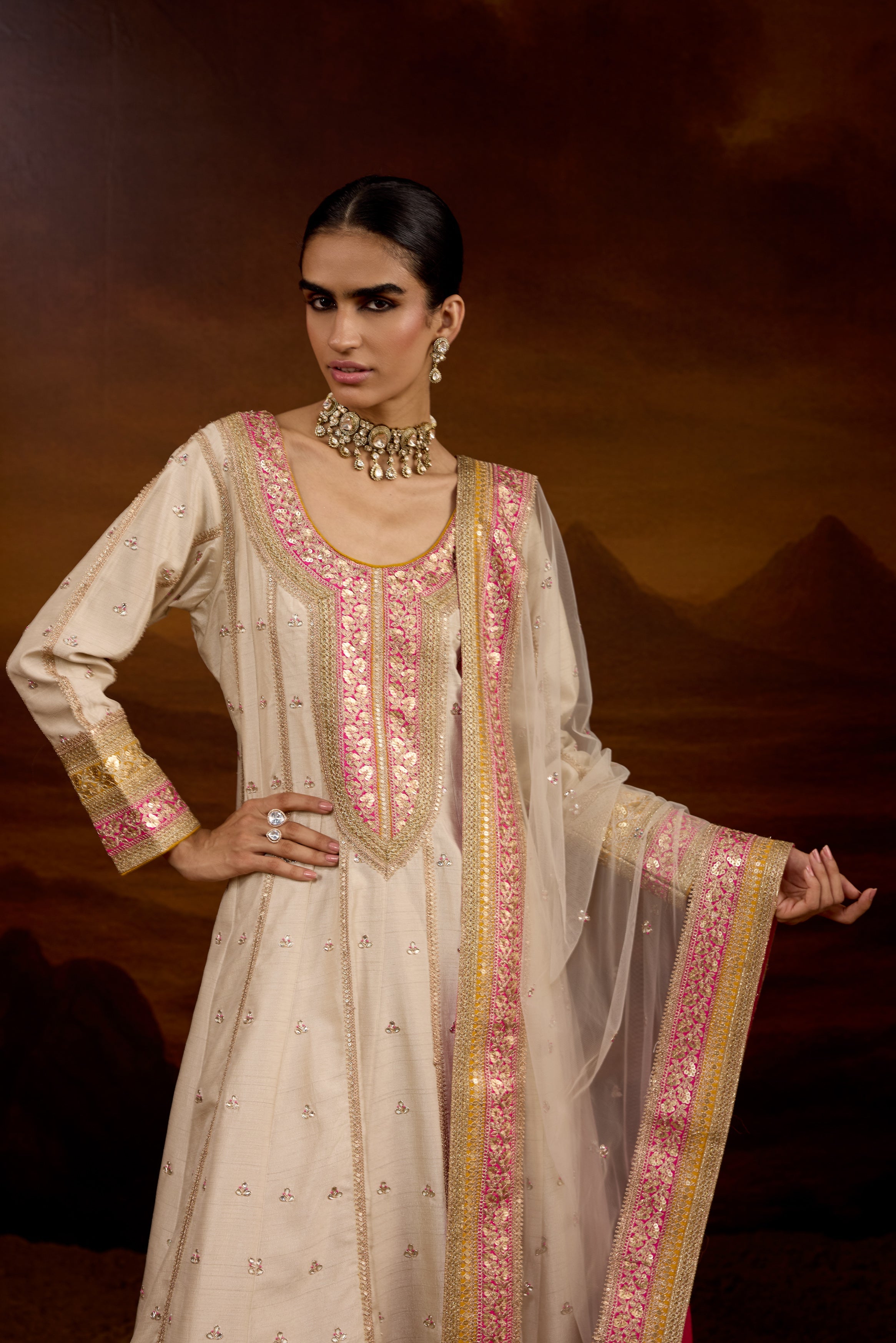 Light Beige Embellished Raw Silk Anarkali Set