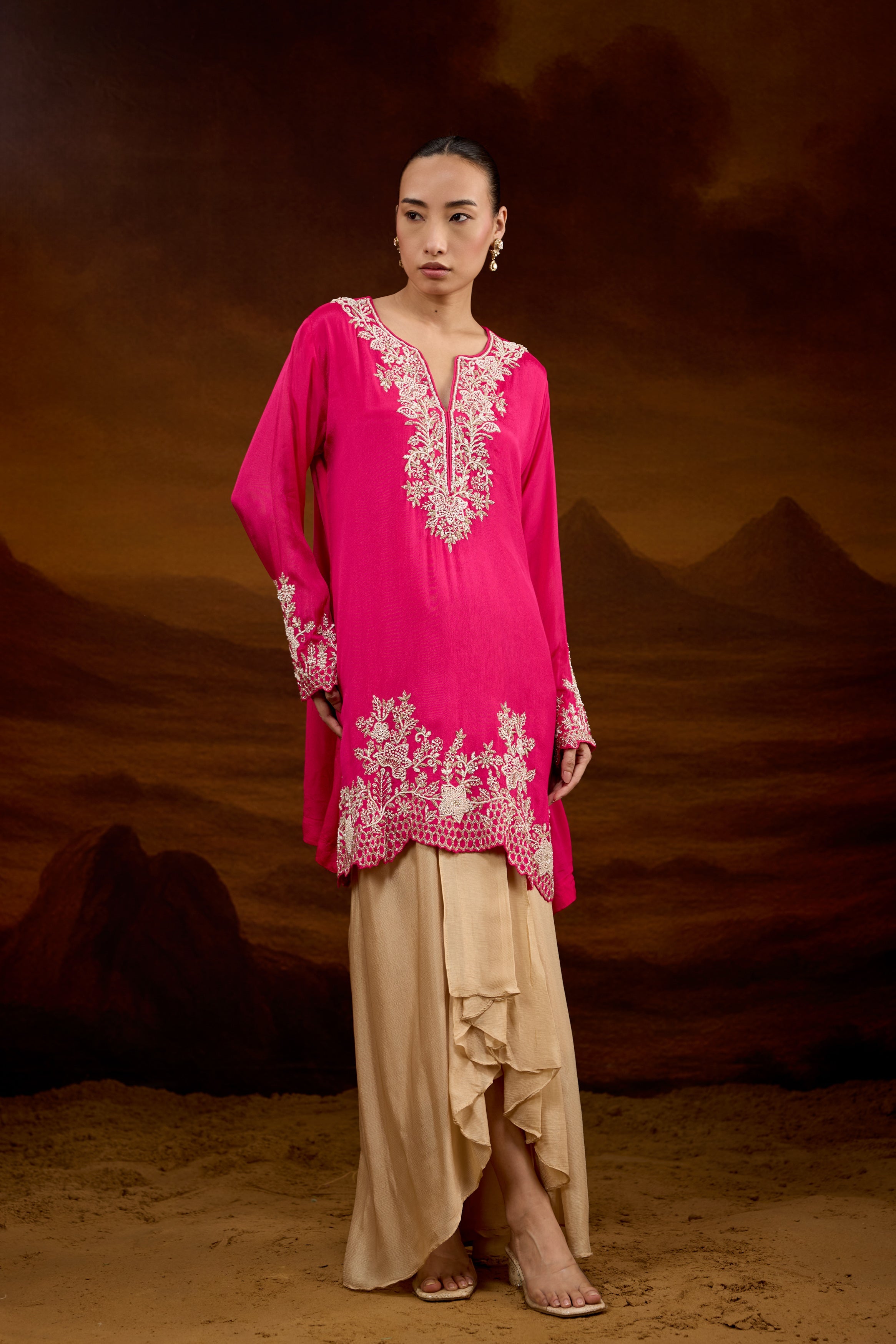 Fuchsia Pink Embellished Chinon Silk Skirt Set