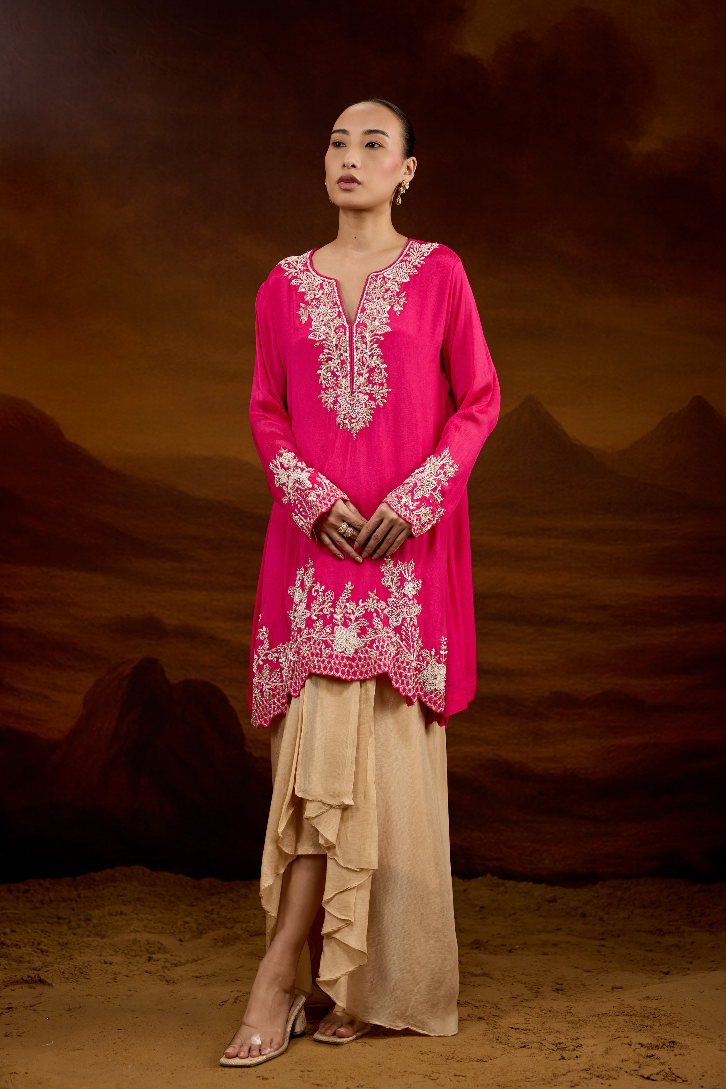 Fuchsia Pink Embellished Chinon Silk Skirt Set
