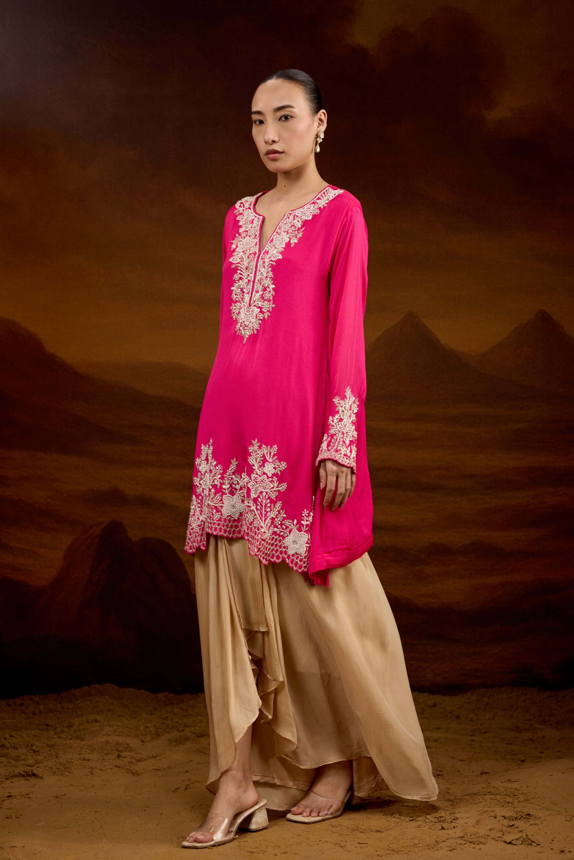 Fuchsia Pink Embellished Chinon Silk Skirt Set