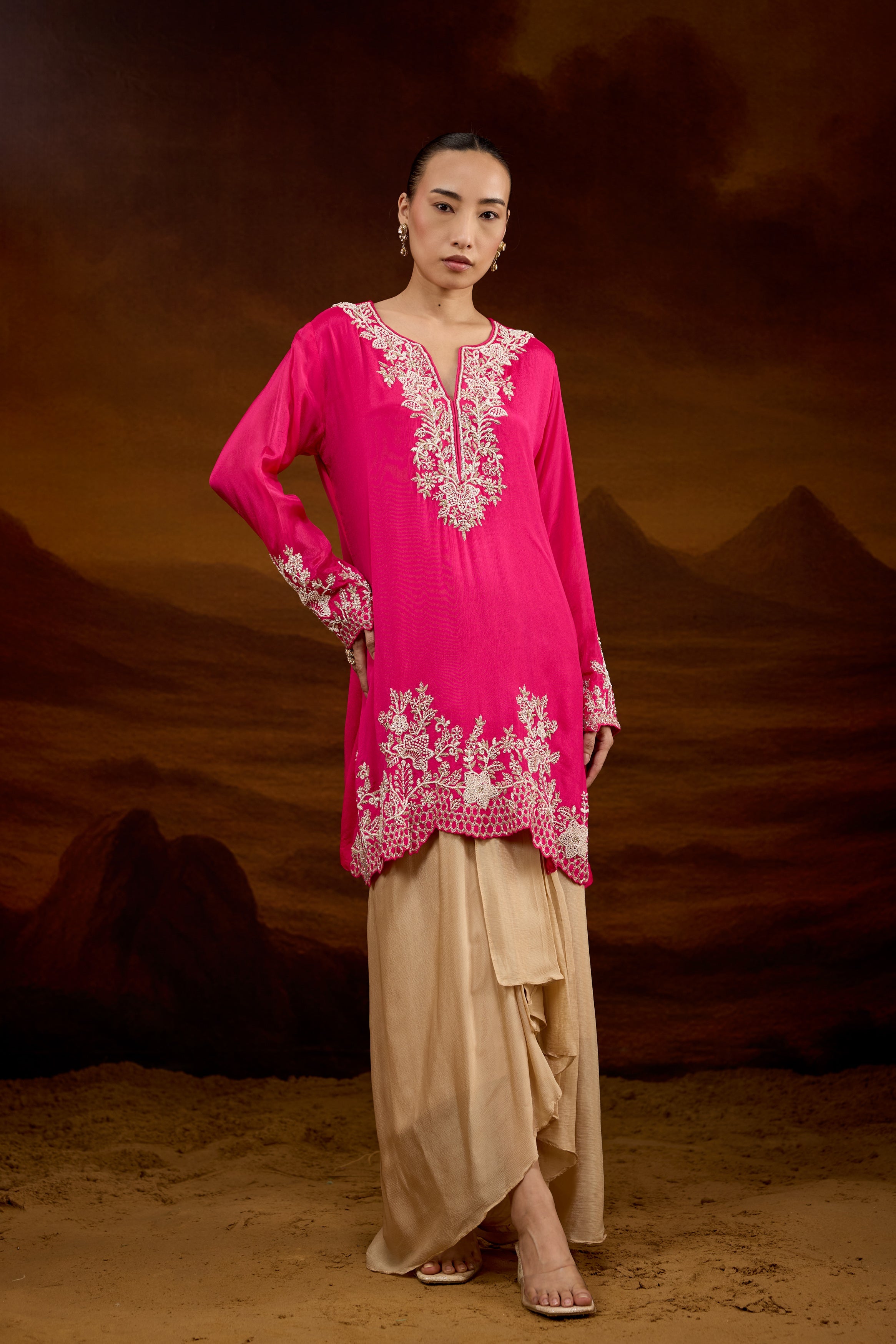 Fuchsia Pink Embellished Chinon Silk Skirt Set