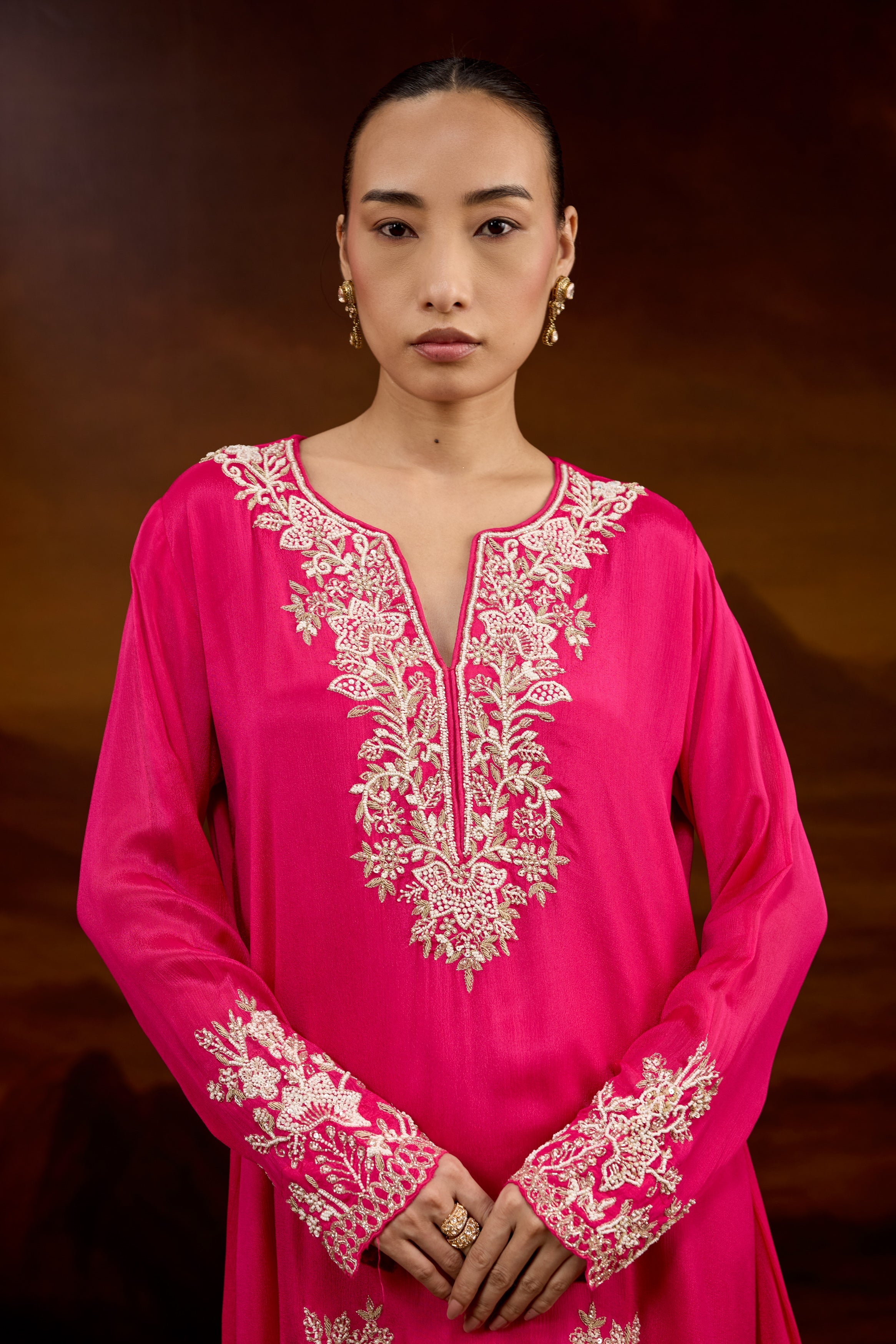 Fuchsia Pink Embellished Chinon Silk Skirt Set