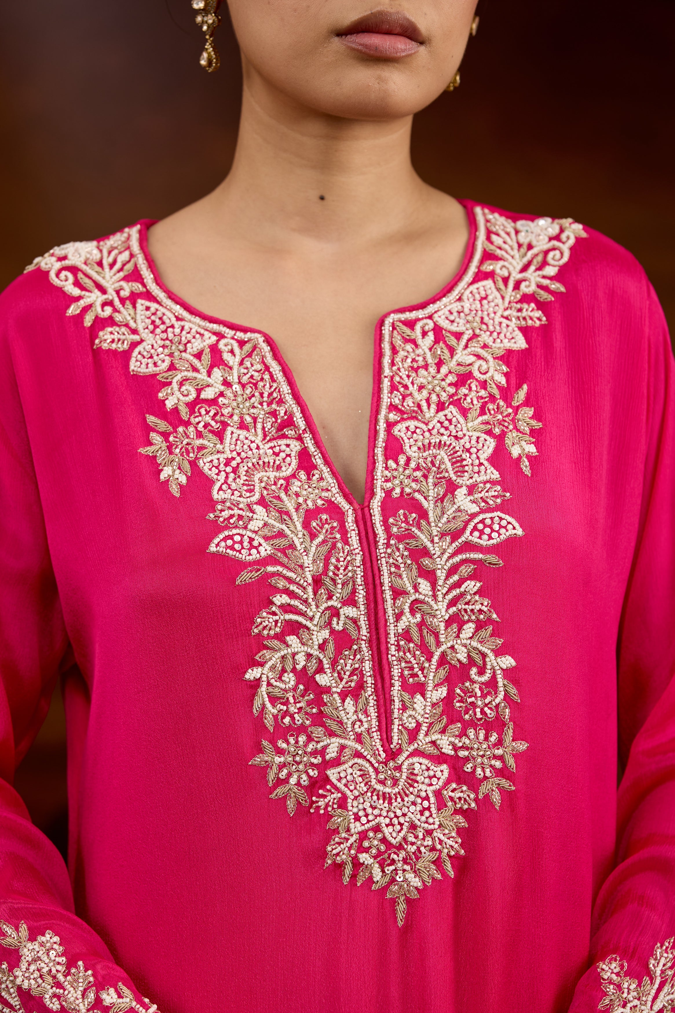 Fuchsia Pink Embellished Chinon Silk Skirt Set