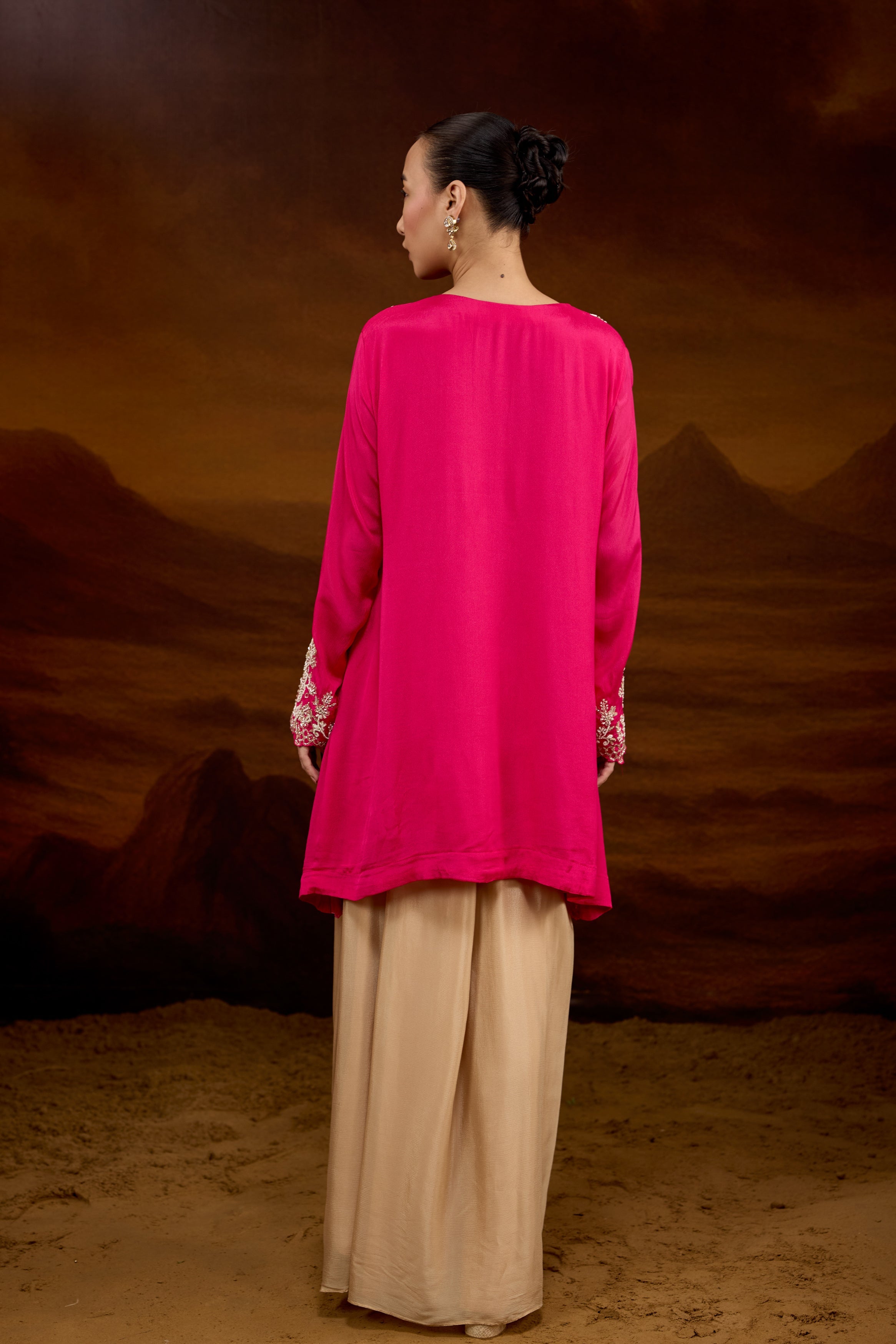 Fuchsia Pink Embellished Chinon Silk Skirt Set
