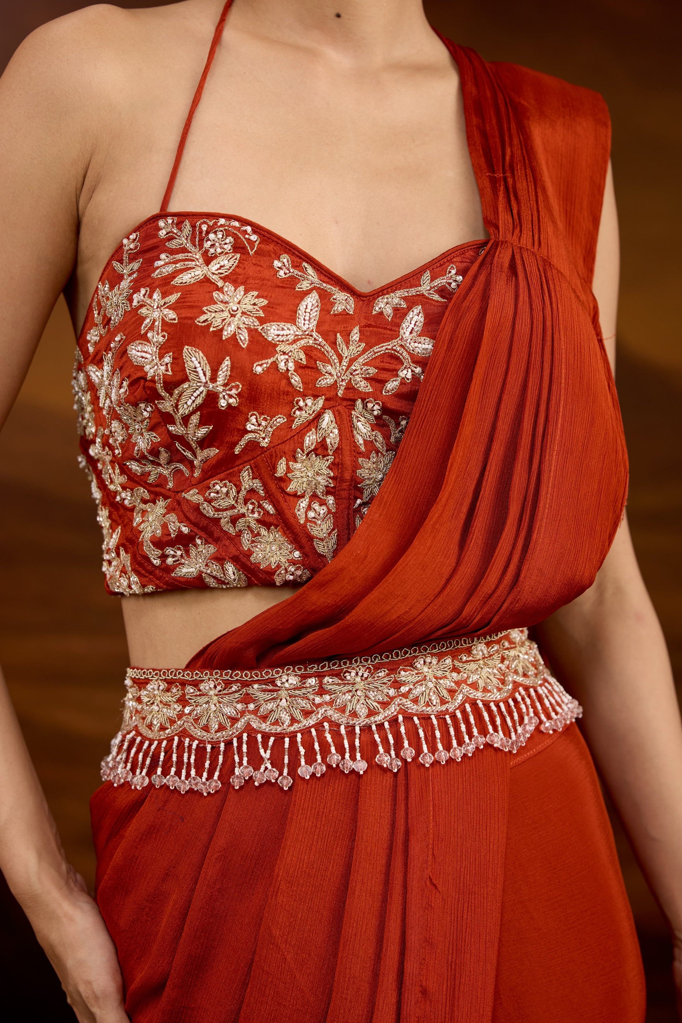 Rust Orange Embellished Chinon Silk Draped Saree