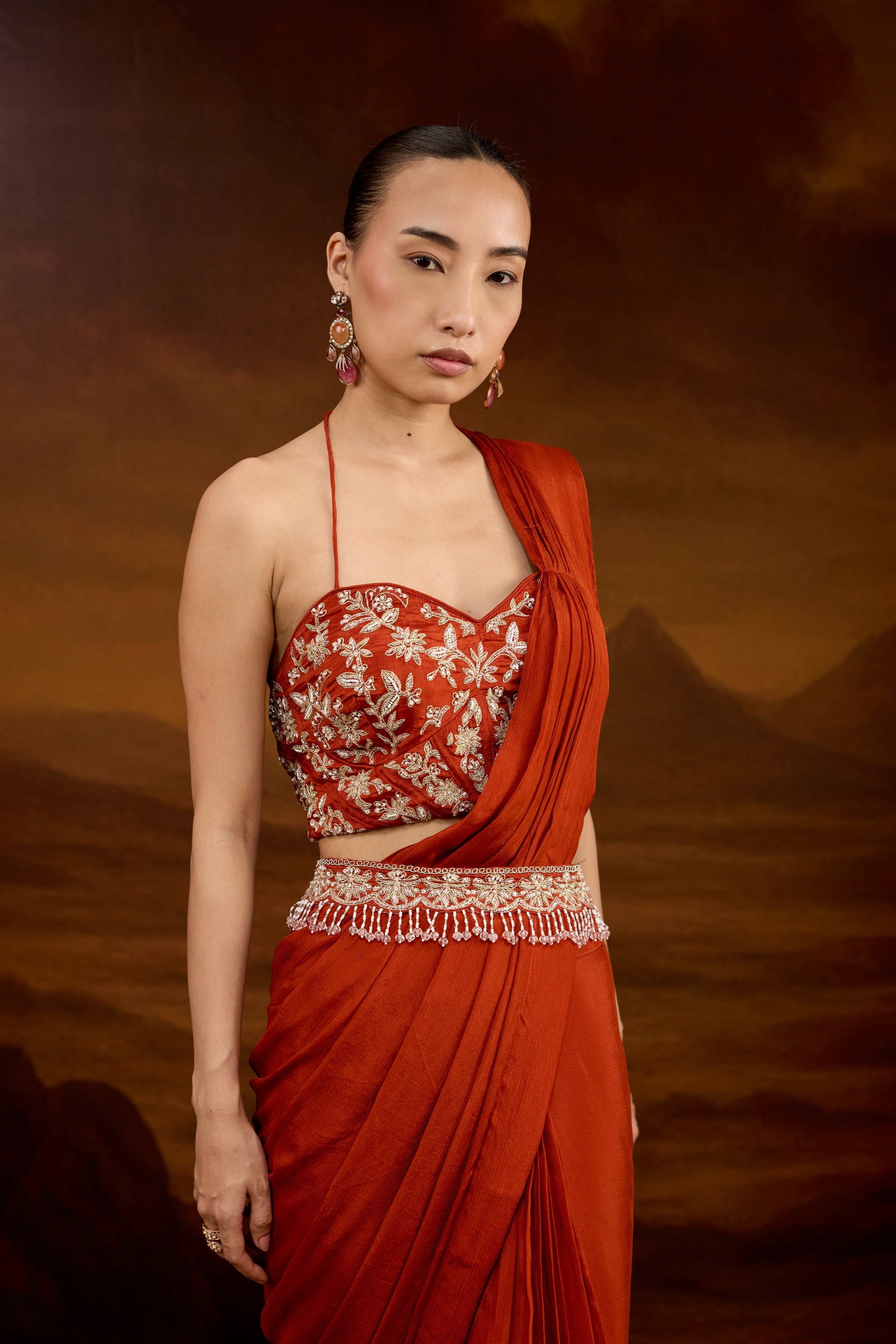 Rust Orange Embellished Chinon Silk Draped Saree
