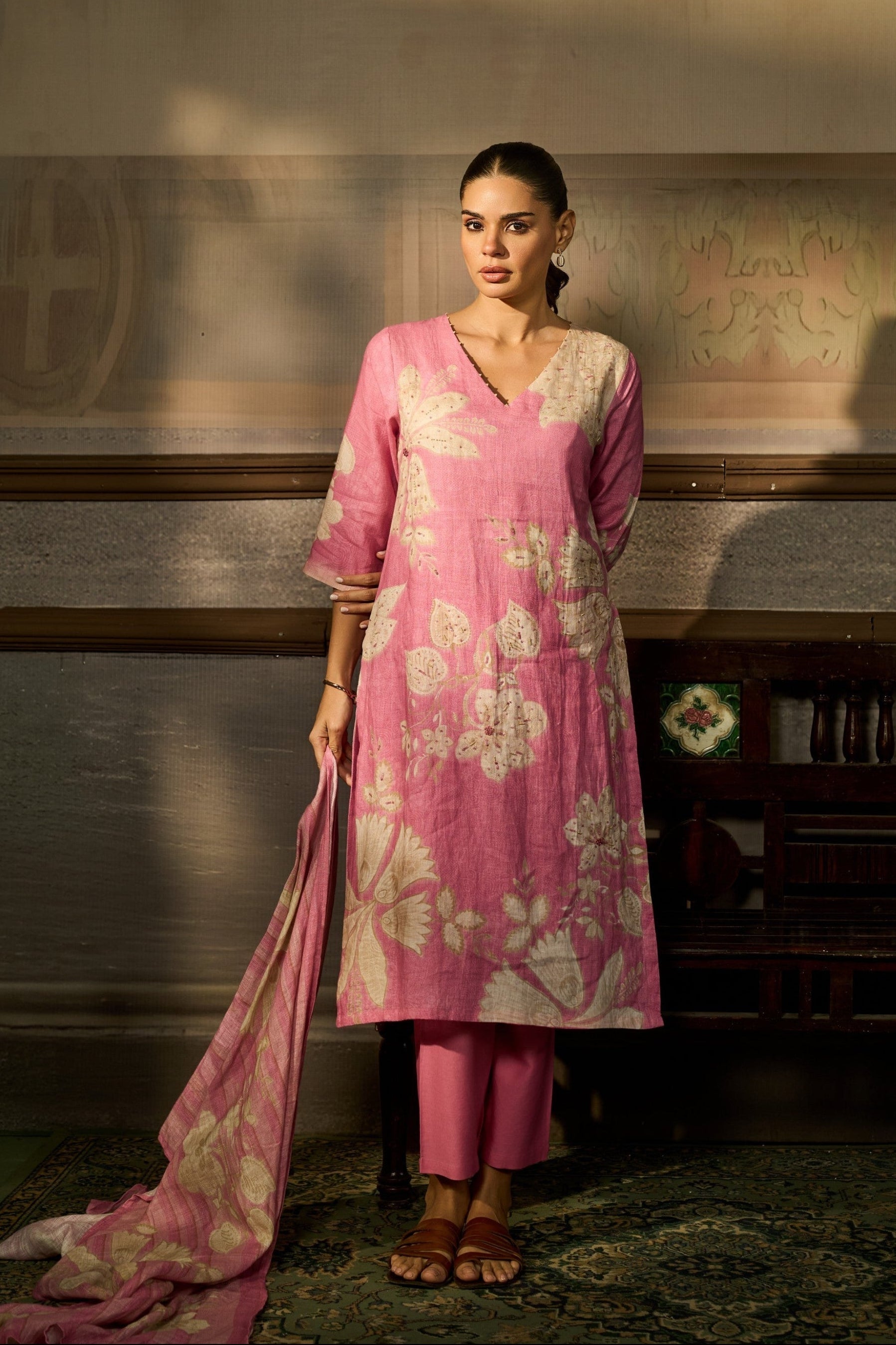 Pink Printed Linen Pant Set