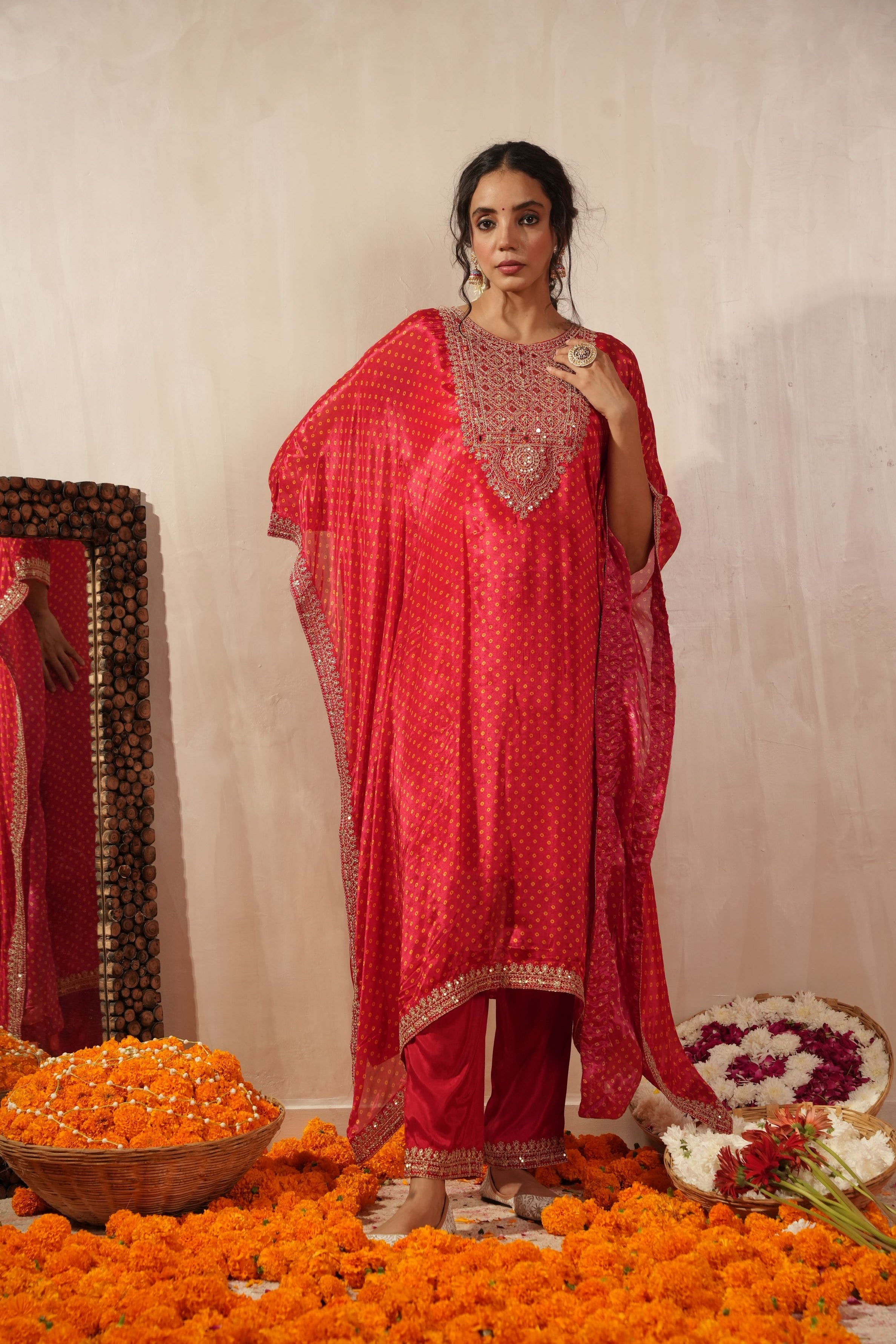 Red Bandhej Printed Premium Silk Kaftan Set
