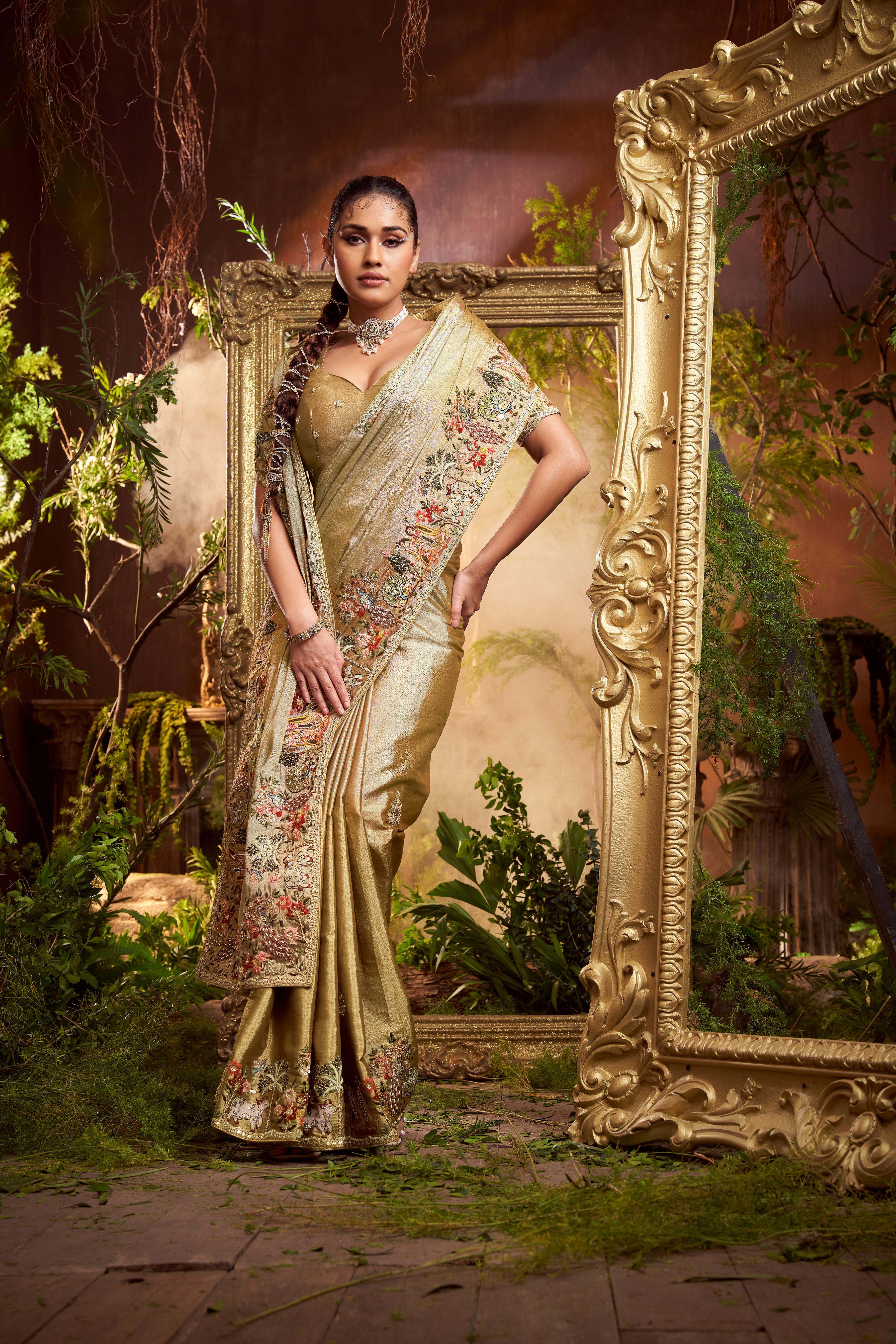 Antique Gold Embellished Shimmer Tissue Silk Saree