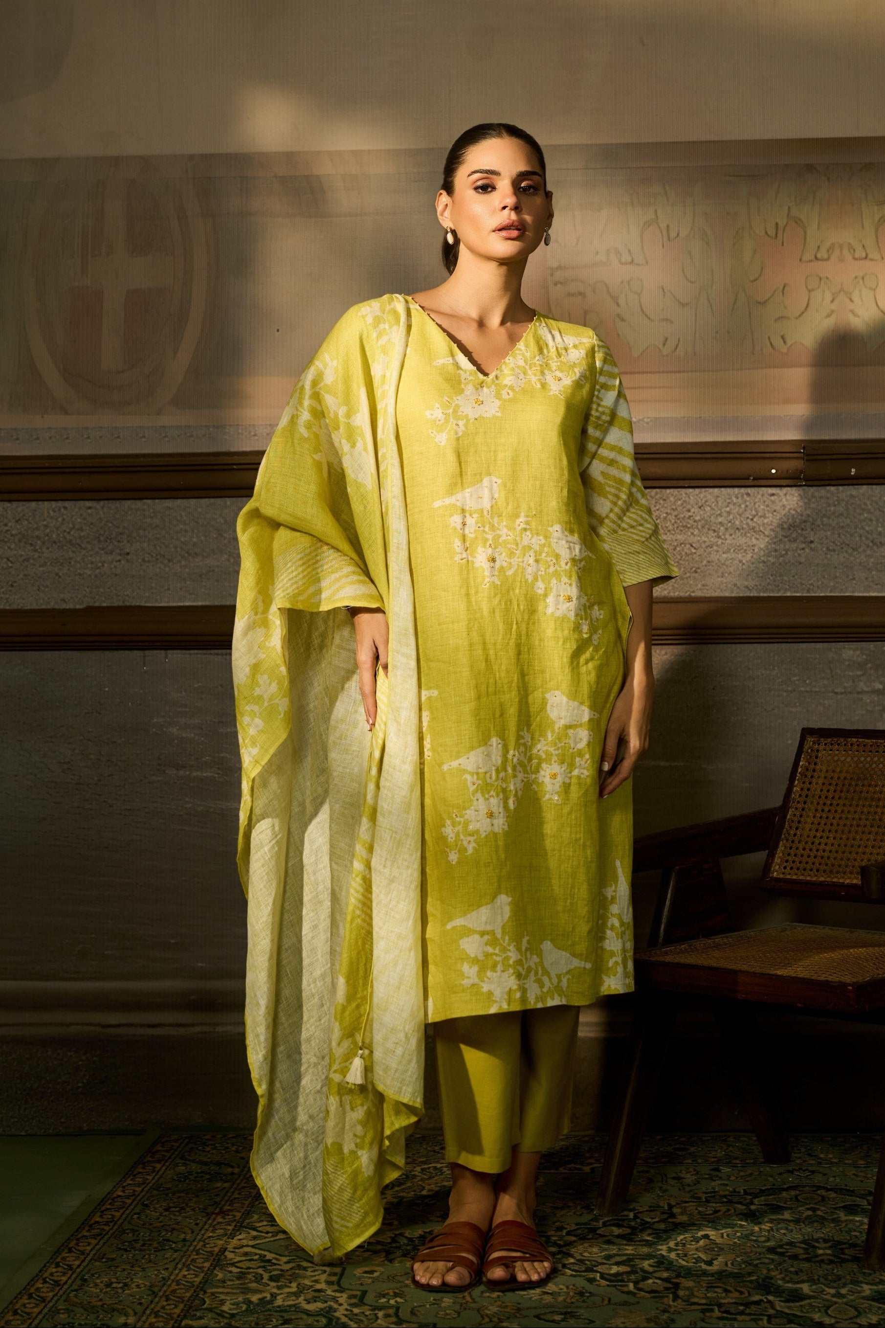Lime Green Printed Linen Pant Set