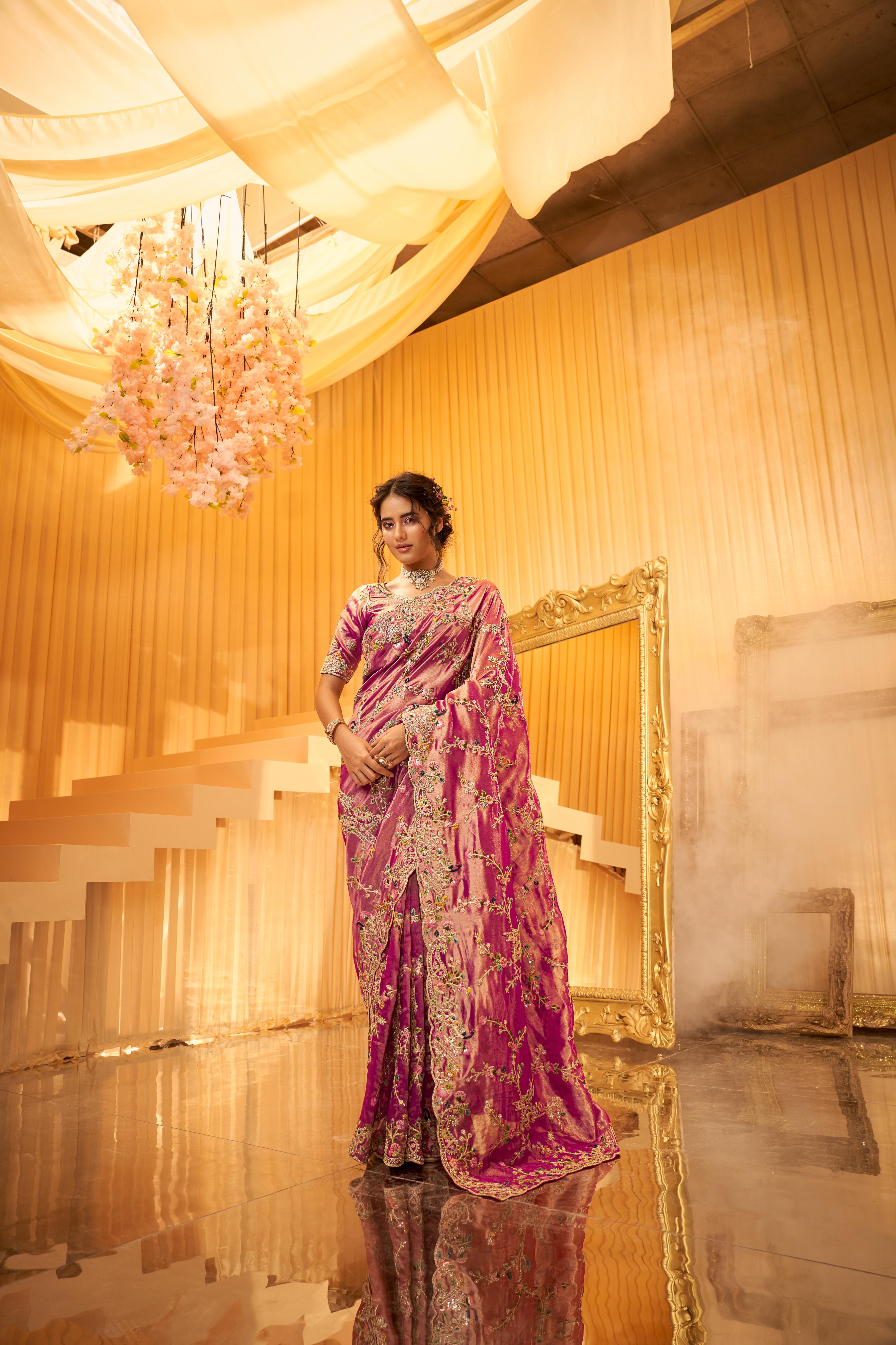 Royal Pink Embellished Shimmer Tissue Silk Saree