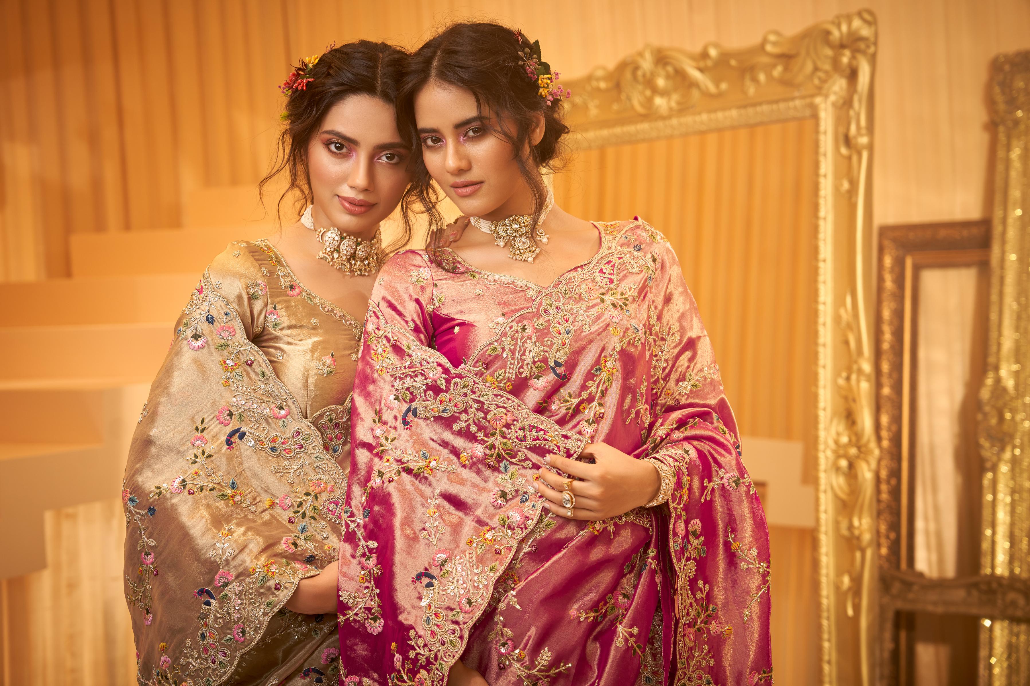 Royal Pink Embellished Shimmer Tissue Silk Saree