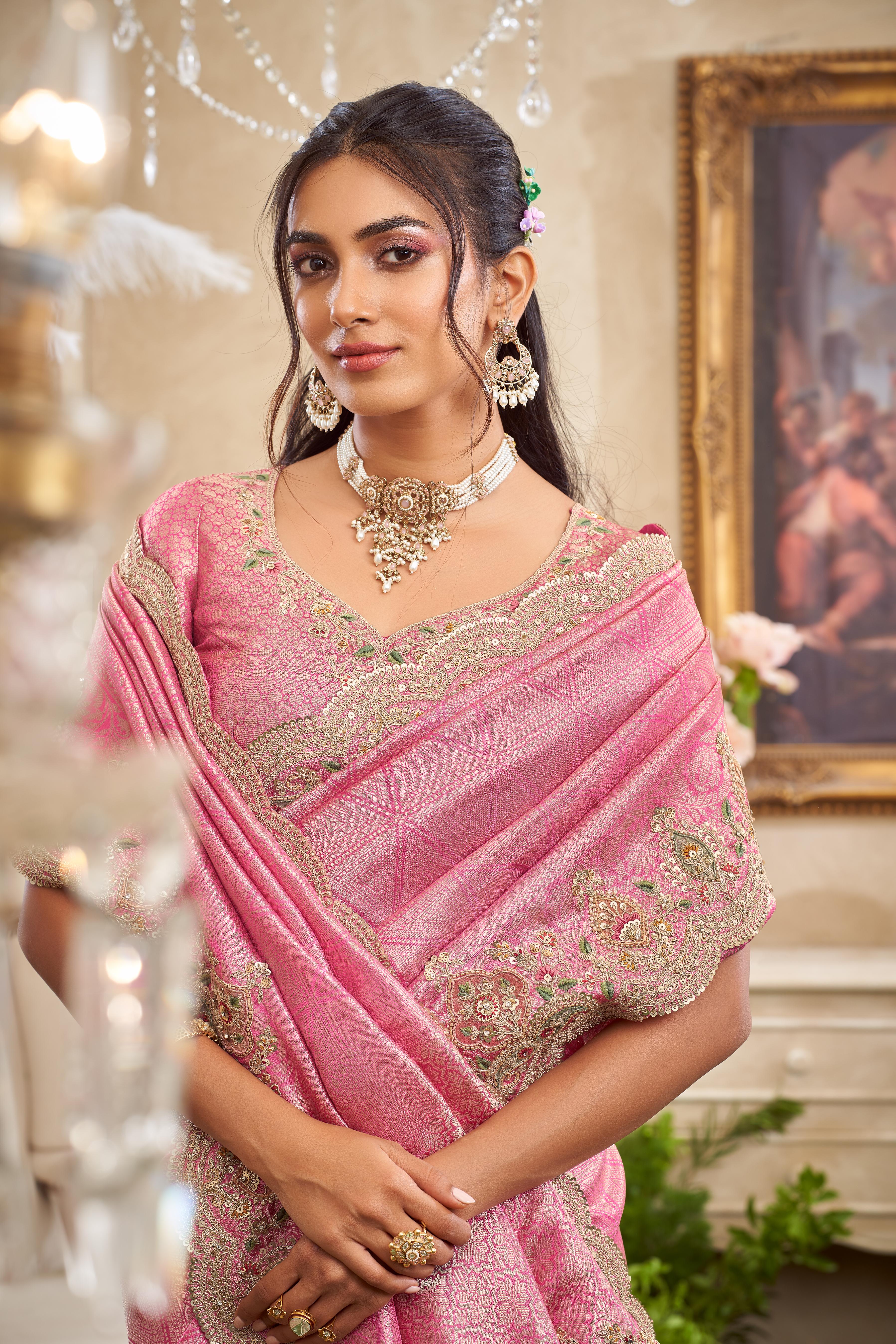 Rose Pink Embellished Dola Silk Saree
