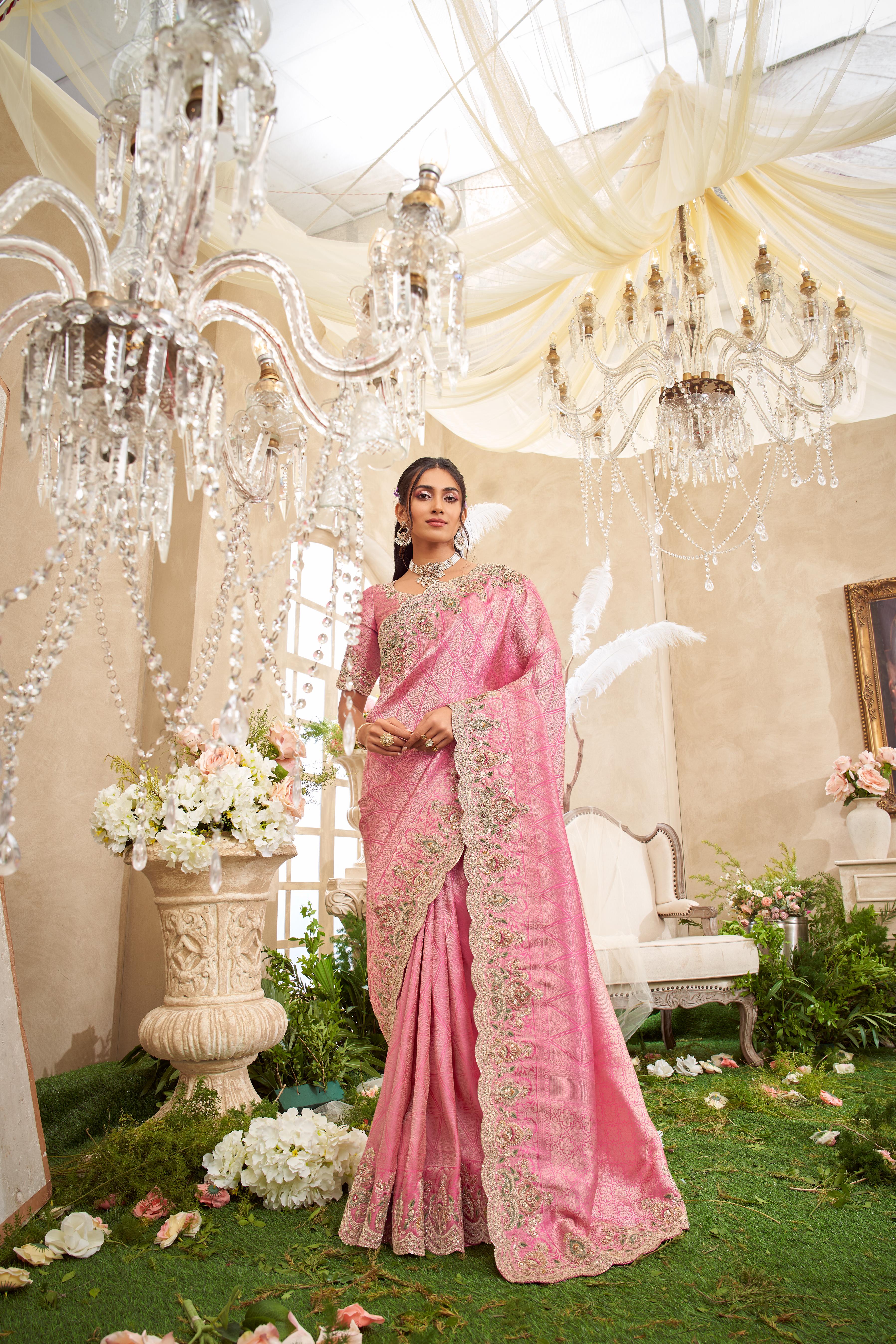 Rose Pink Embellished Dola Silk Saree