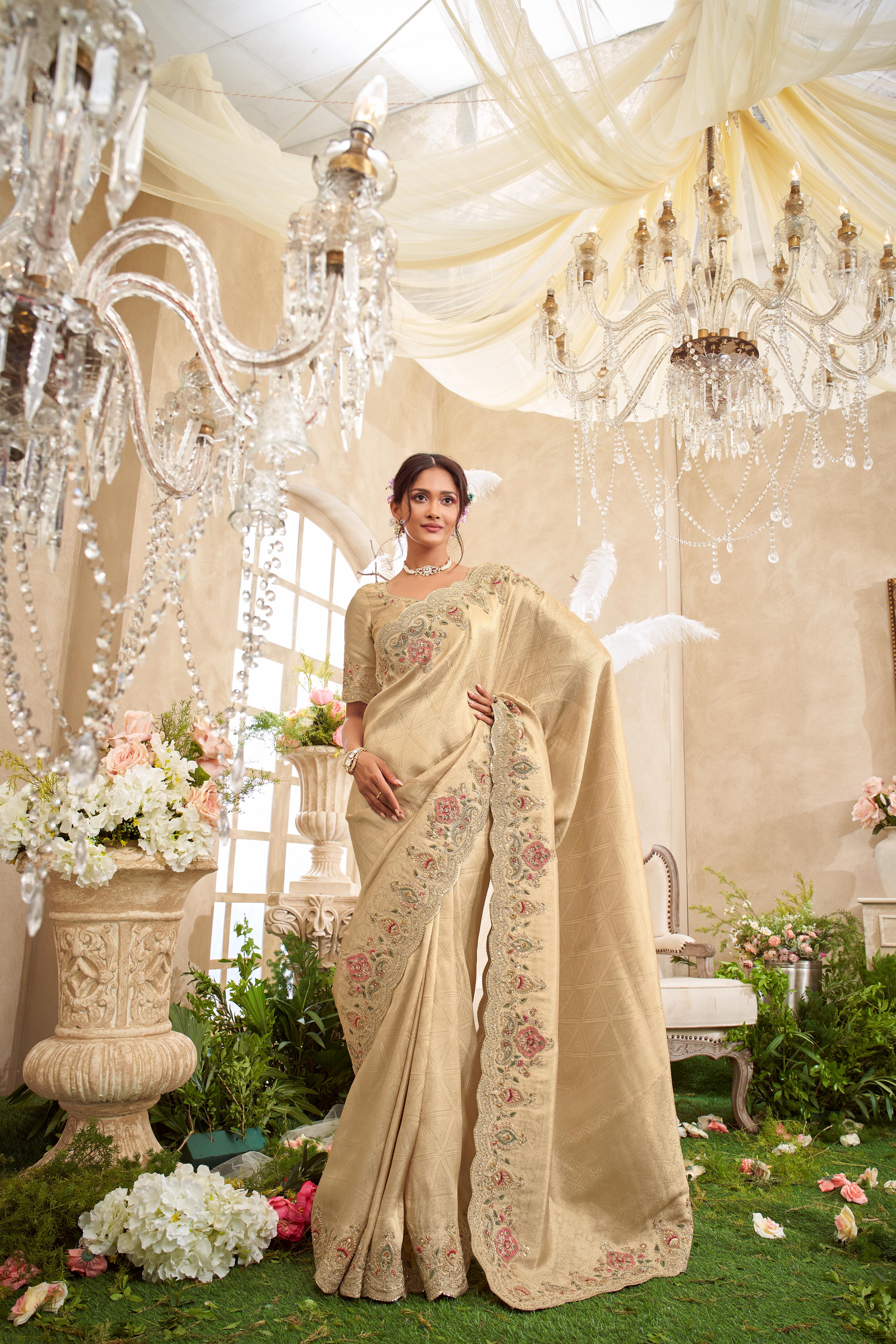 Dusty Beige Embellished Dola Silk Saree