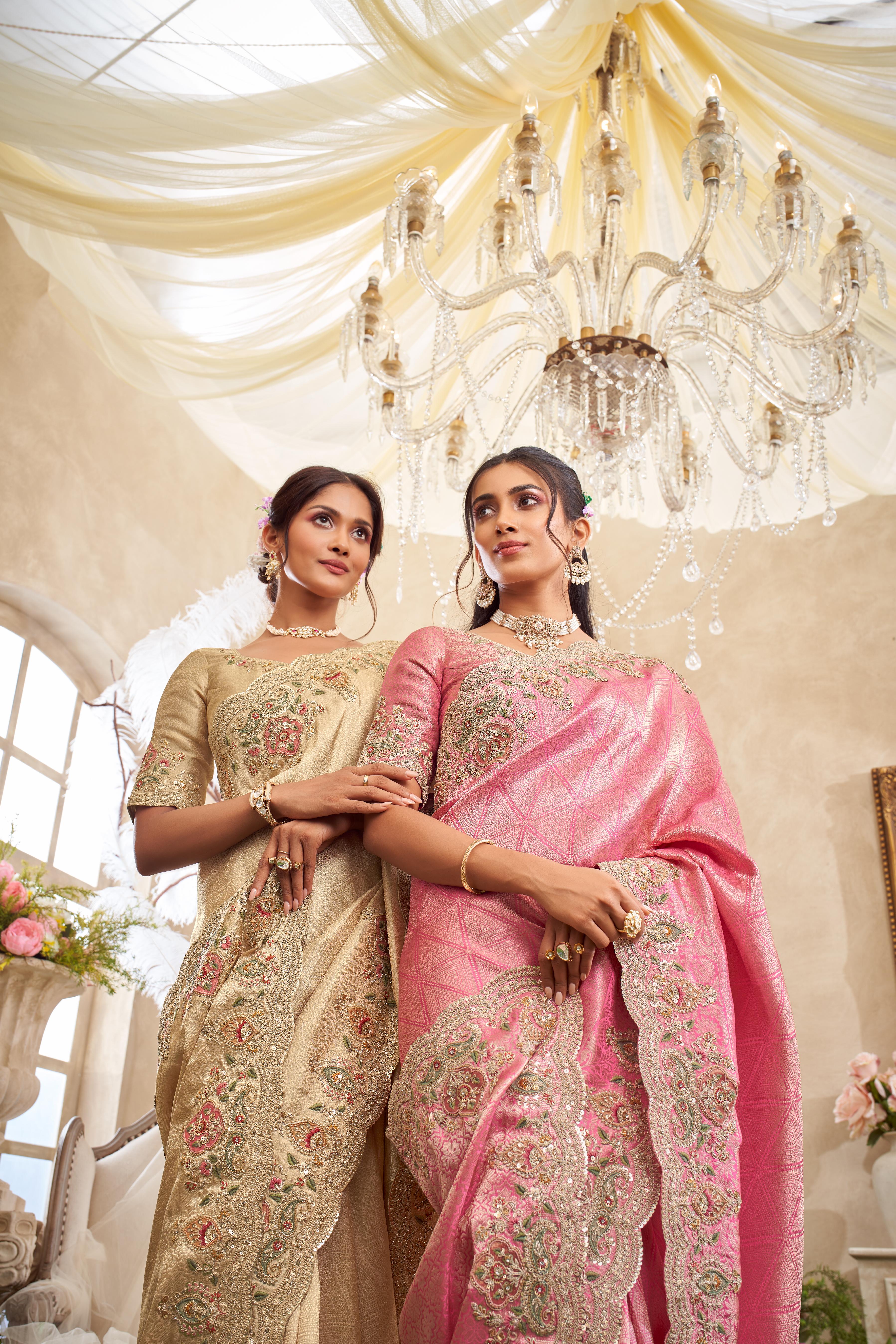 Dusty Beige Embellished Dola Silk Saree