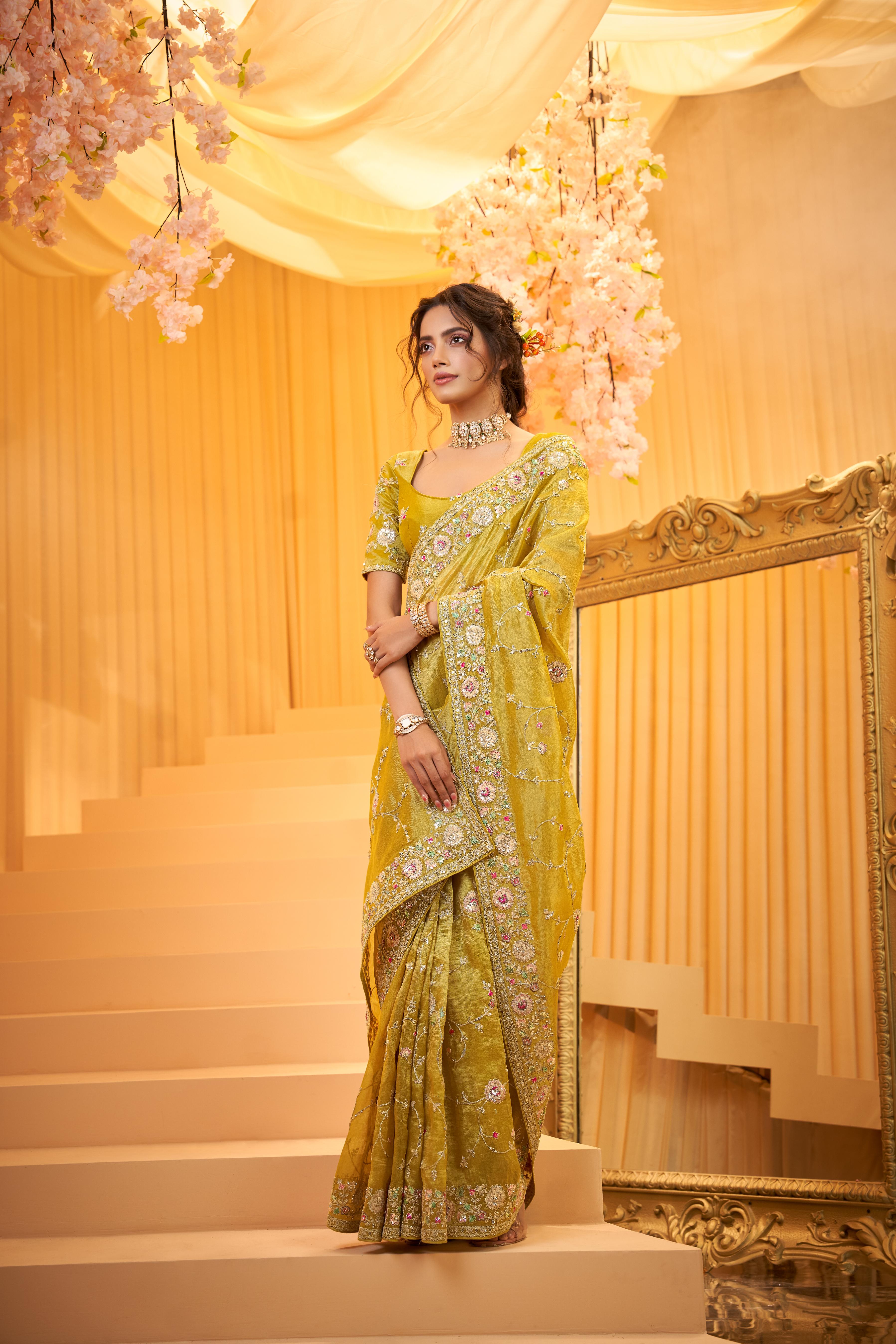 Mehndi Green Embellished Organza Tissue Silk Saree