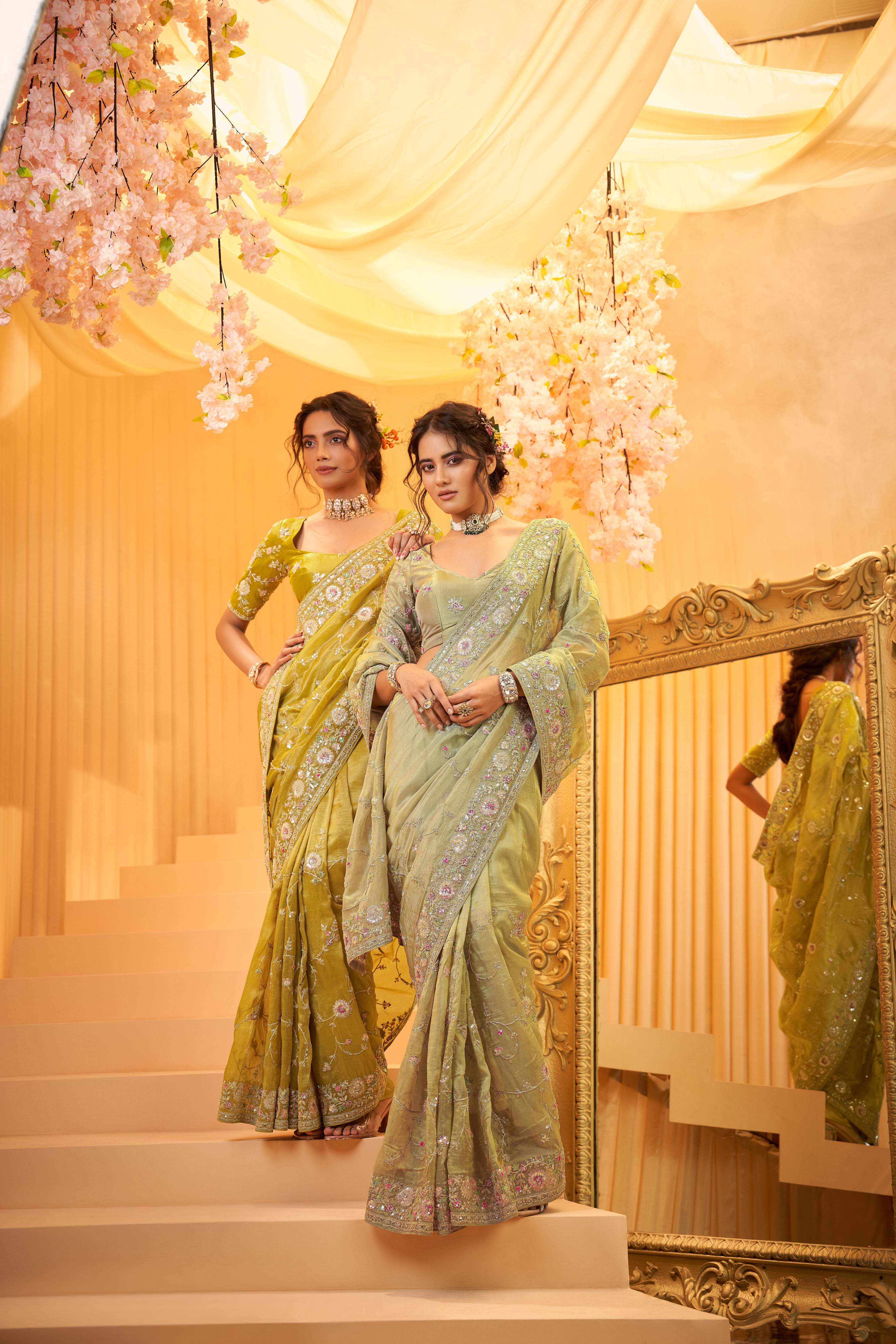 Mehndi Green Embellished Organza Tissue Silk Saree