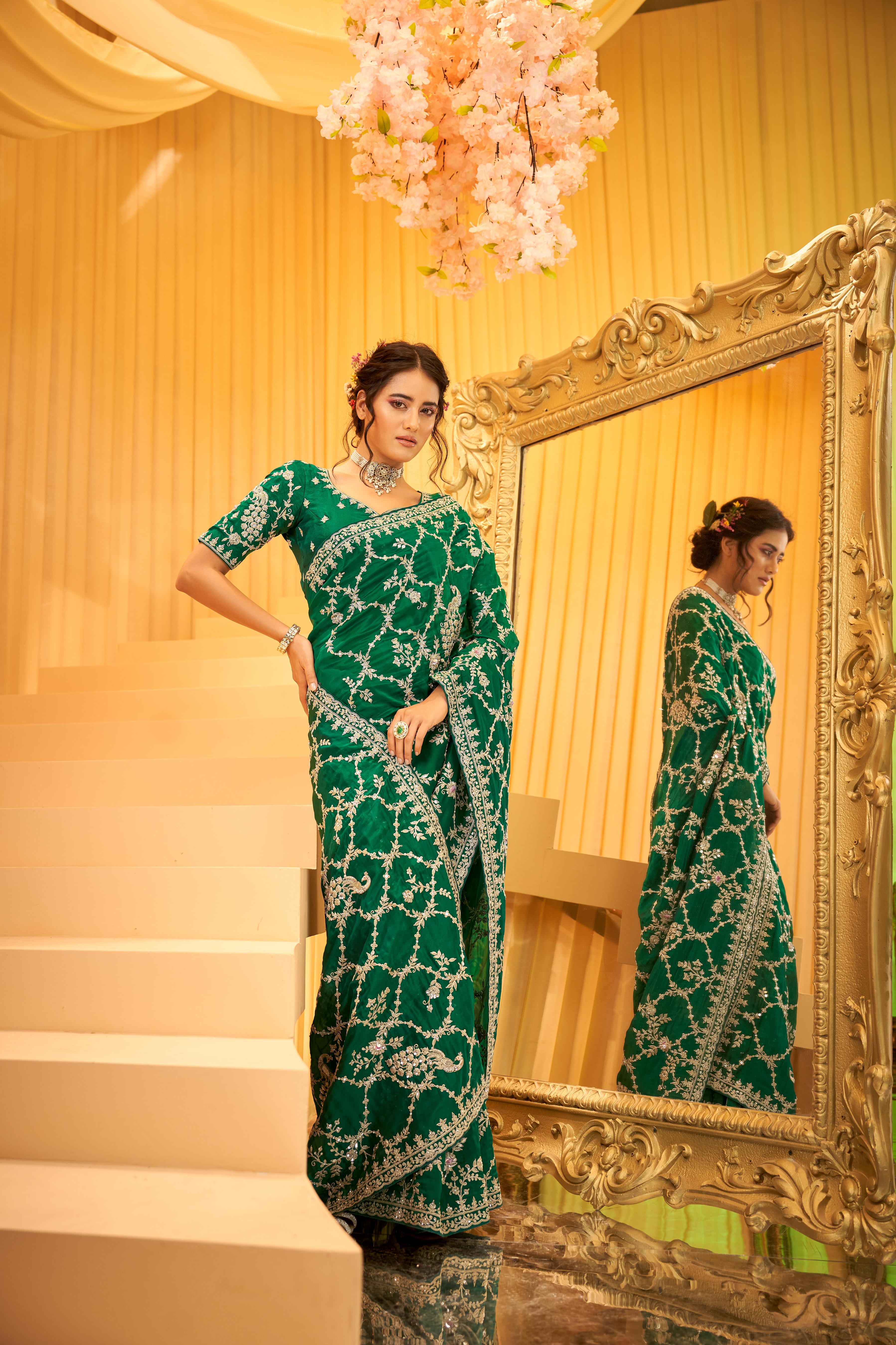 Emerald Green Embellished Premium Silk Saree