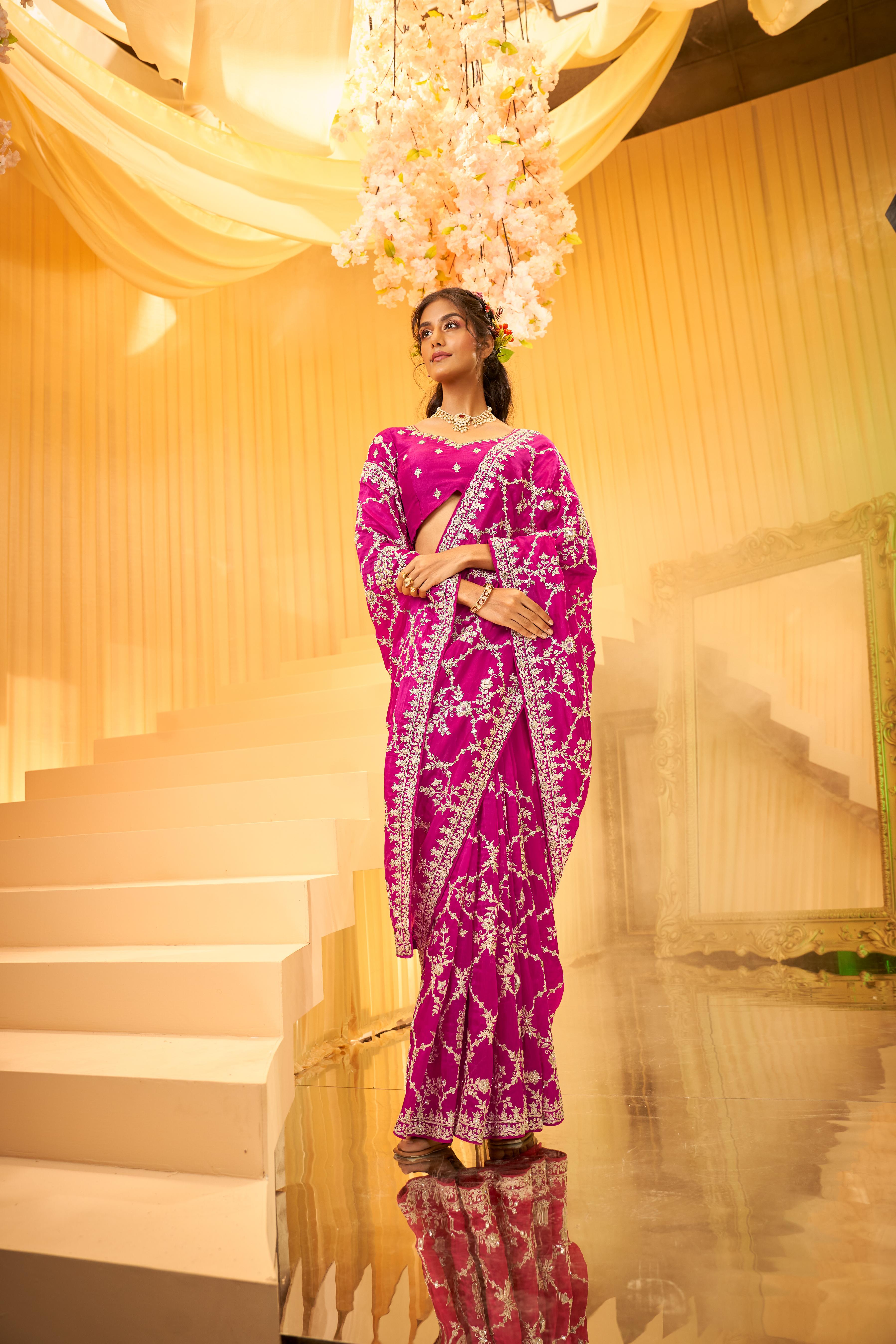 Hot Pink Embellished Premium Silk Saree