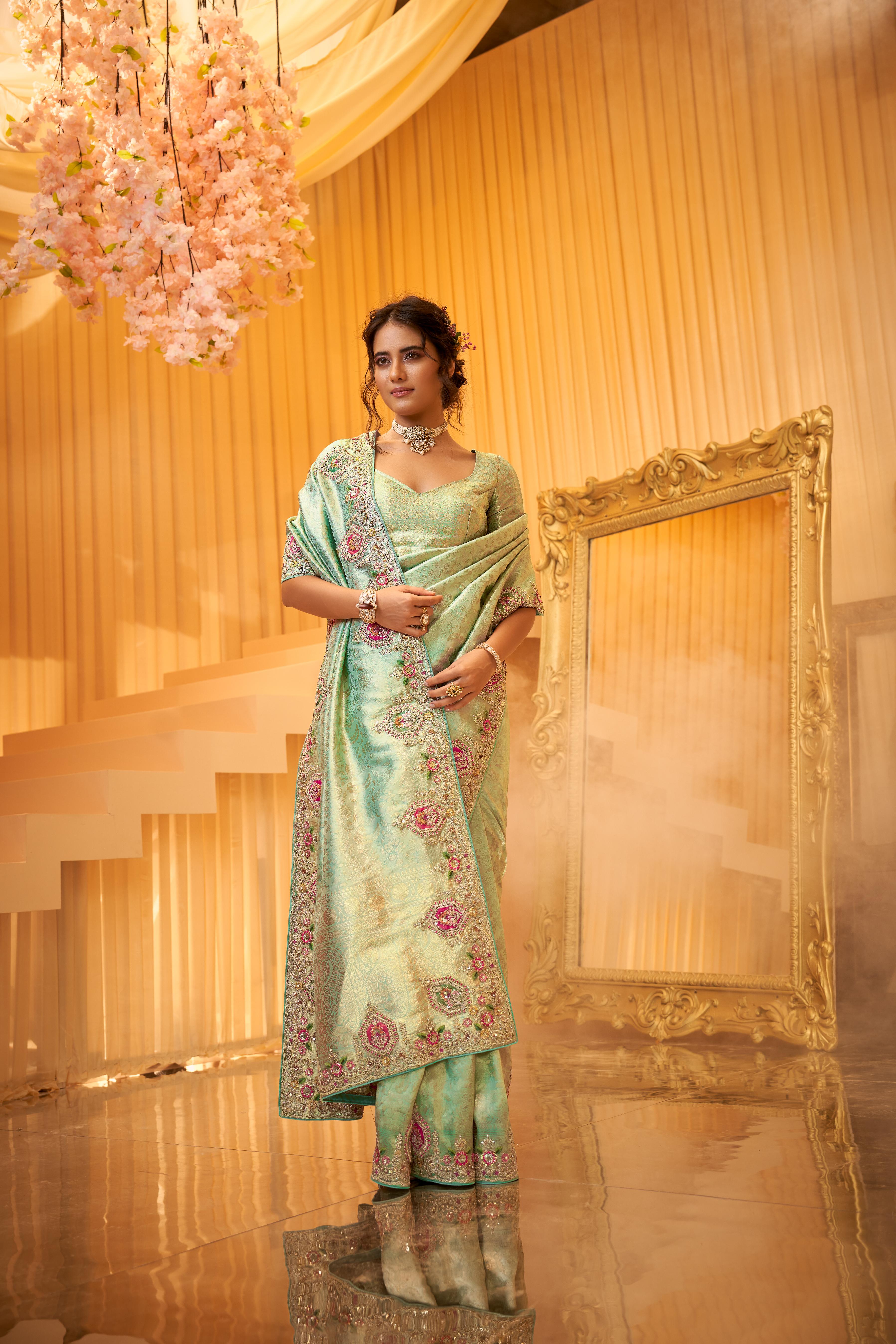 Mint Green Embellished Premium Brocade Silk Saree