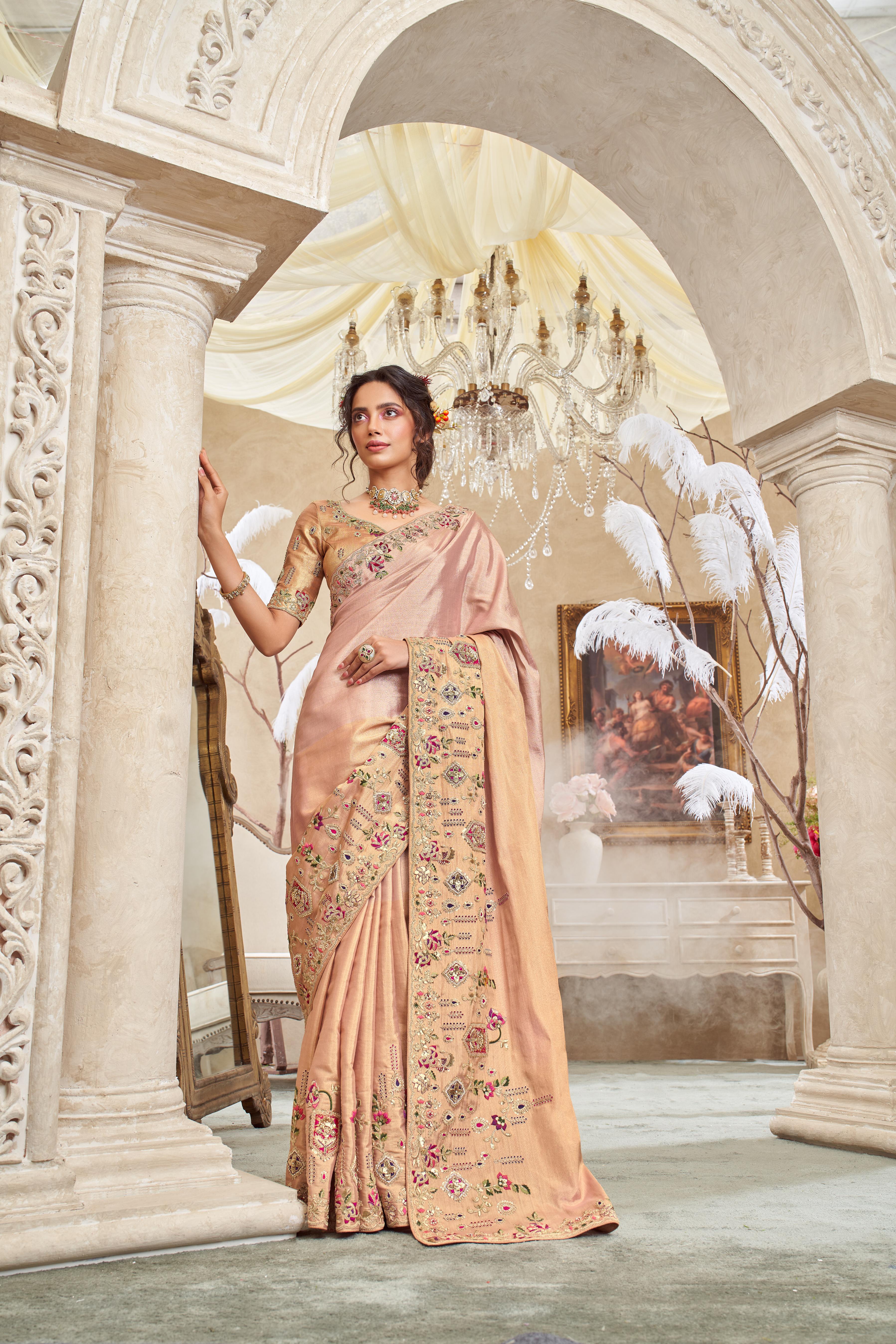 Peach Pink Embellished Shimmer Tissue Silk Saree