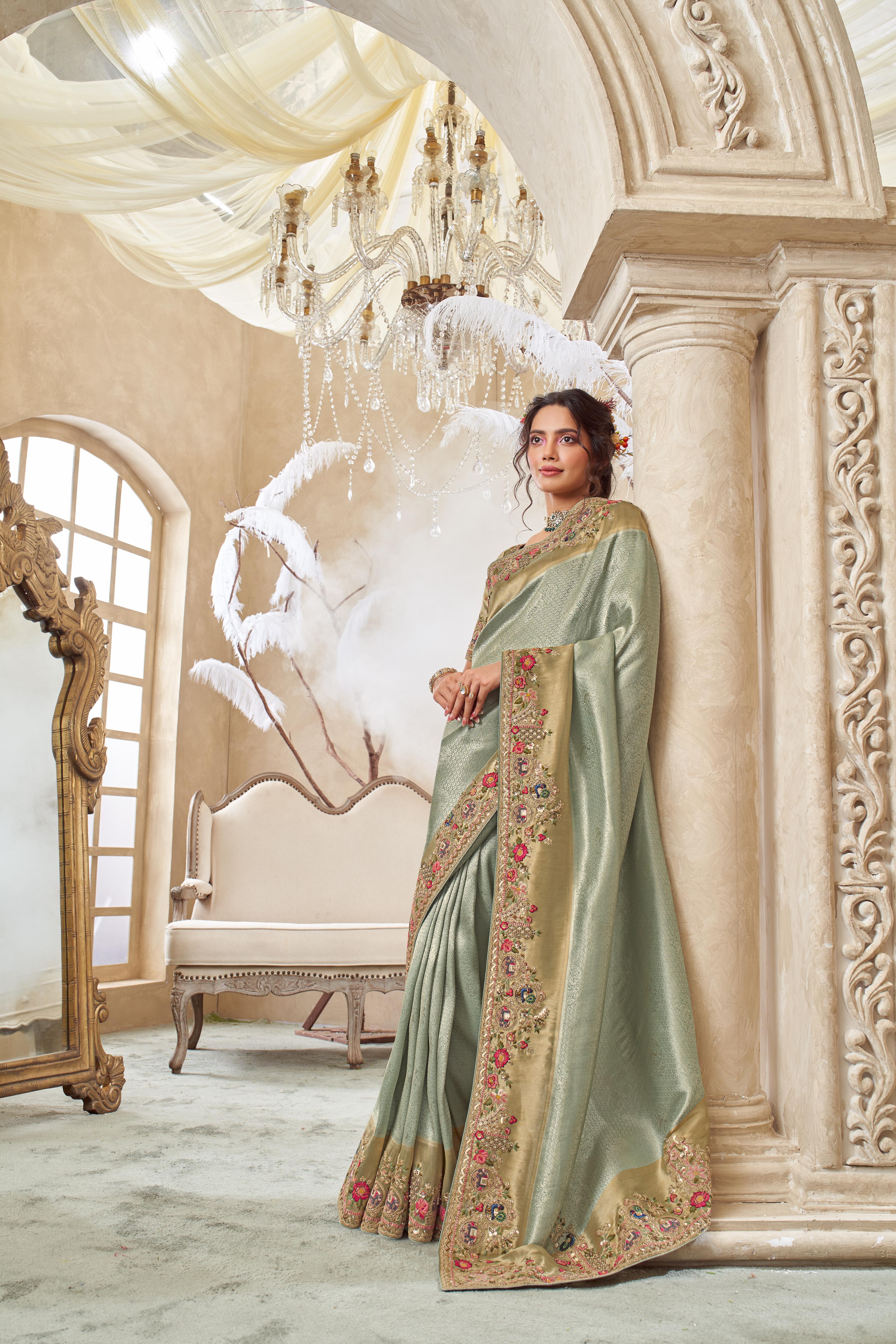Pastel Green Embellished Shimmer Tissue Silk Saree