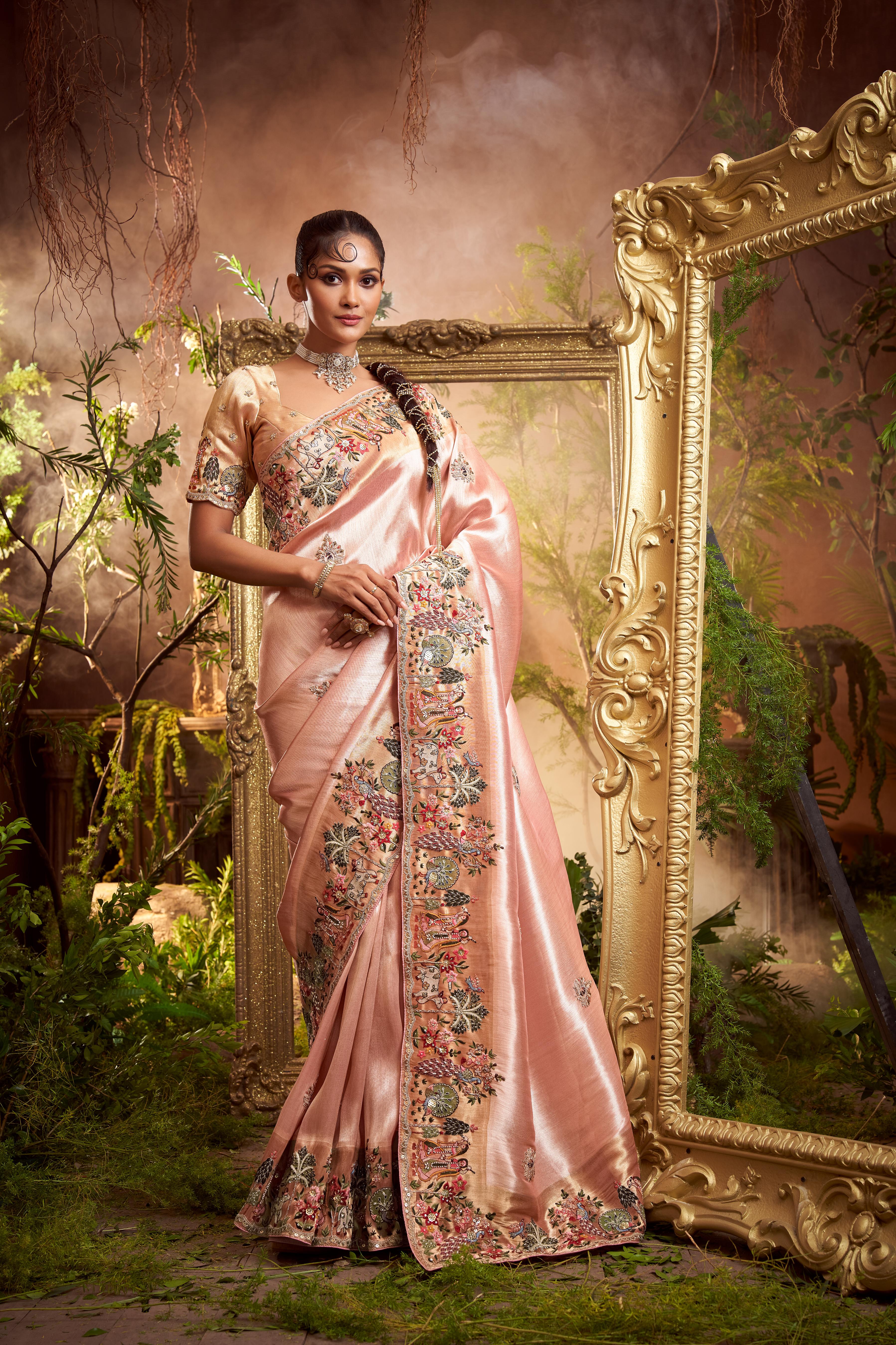 Rose Pink Embellished Shimmer Tissue Silk Saree