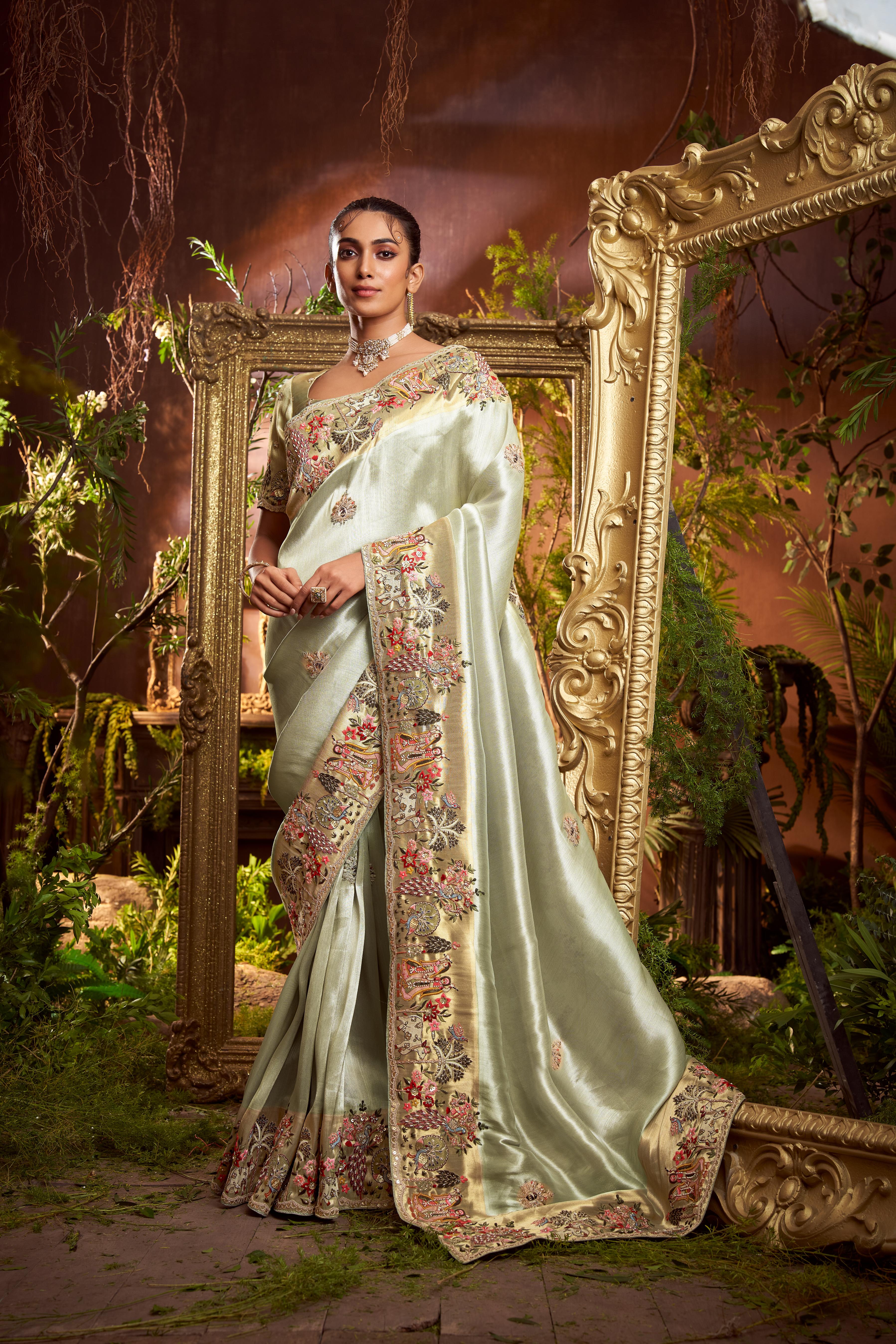Pistachio Green Embellished Shimmer Tissue Silk Saree