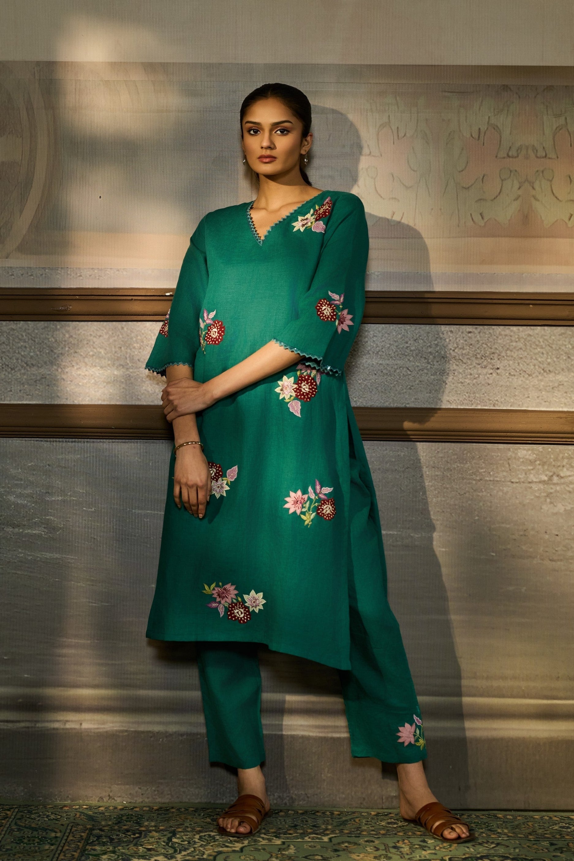 Emerald Green Embroidered Linen Kurta Set