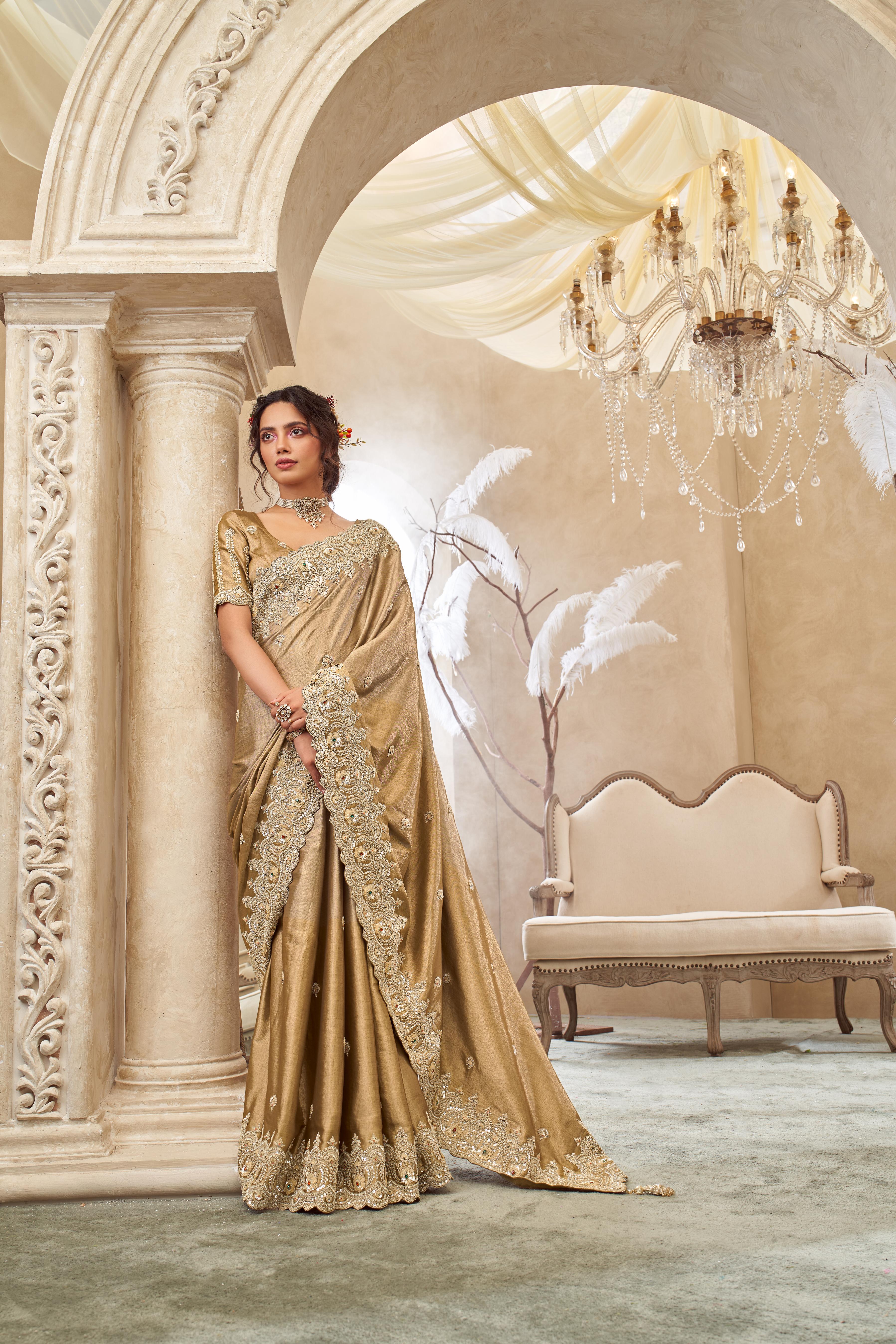 Brown Gold Embellished Shimmer Tissue Silk Saree