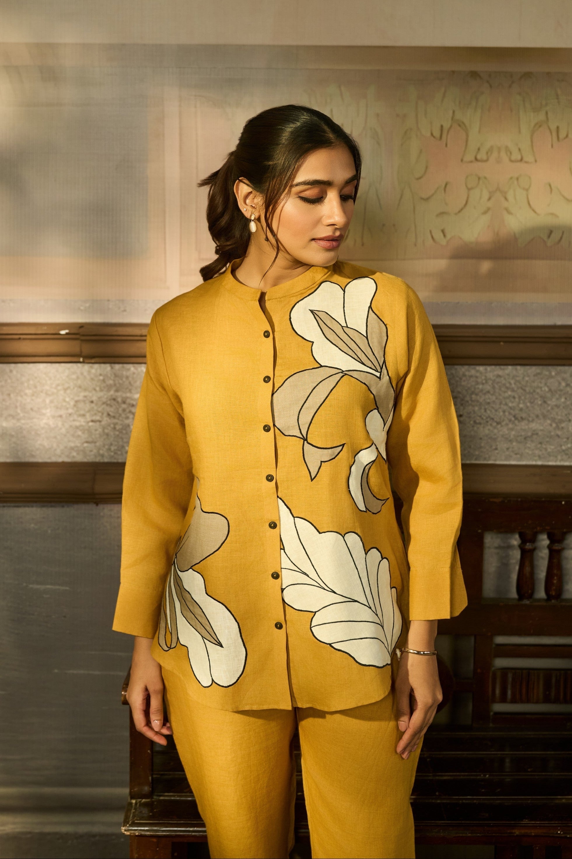 Mustard Yellow Applique Linen Co-ord Set
