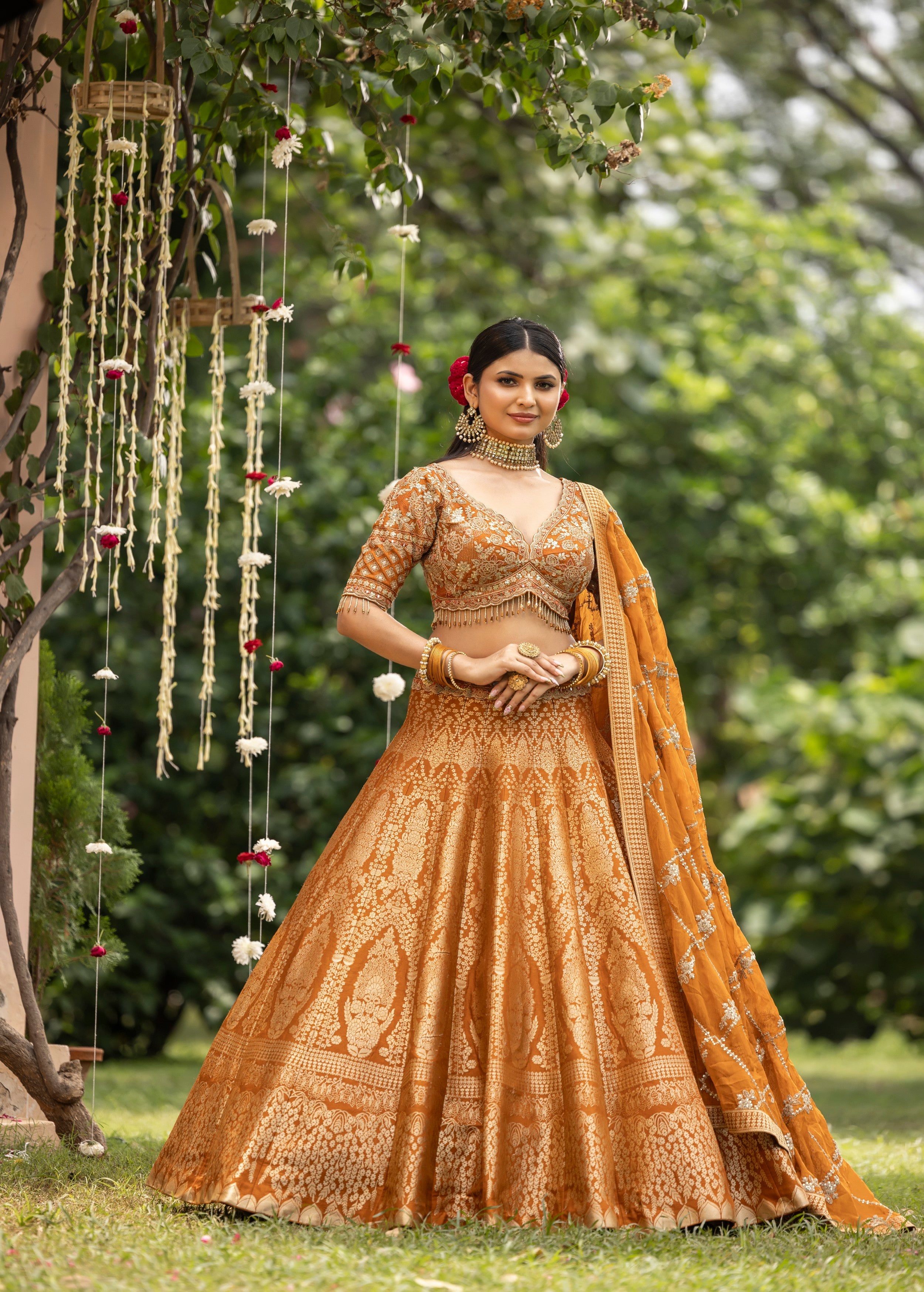 Rust Orange Embellished Banarasi Silk Lehenga Set
