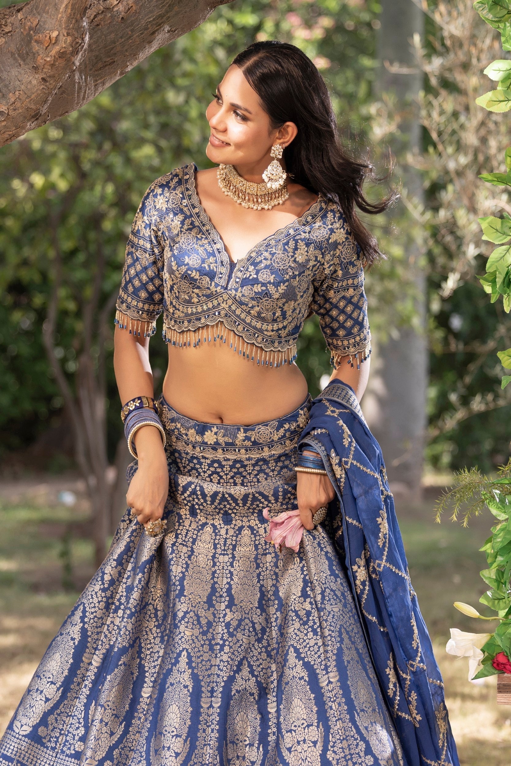 Royal Blue Embellished Banarasi Silk Lehenga Set