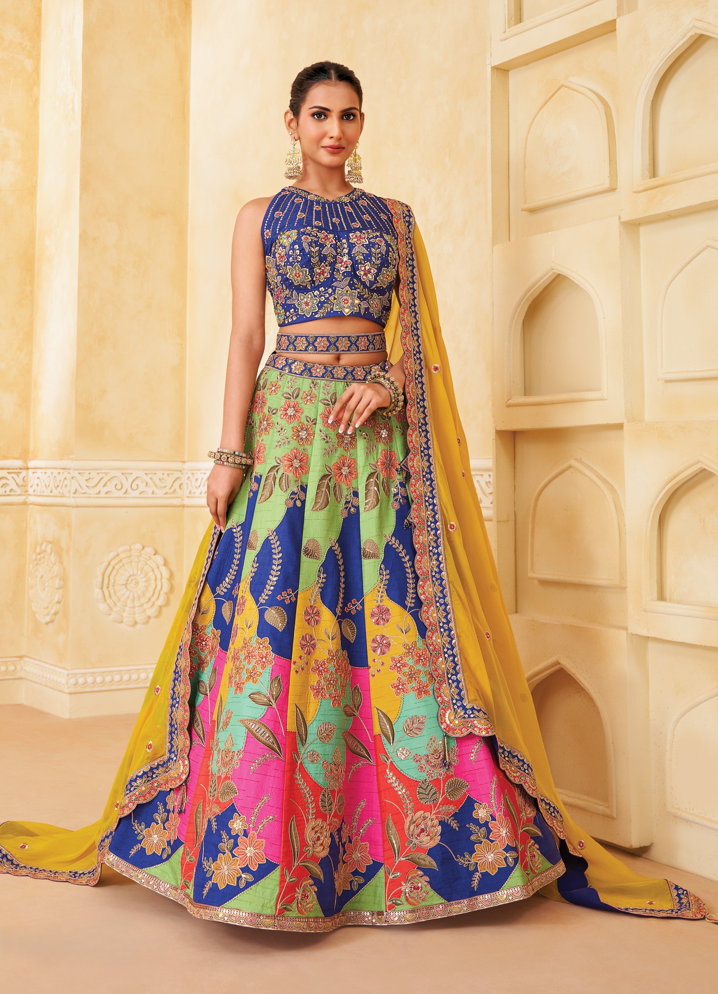 Vibrant Multi-Color Embellished Raw Silk Lehenga Set