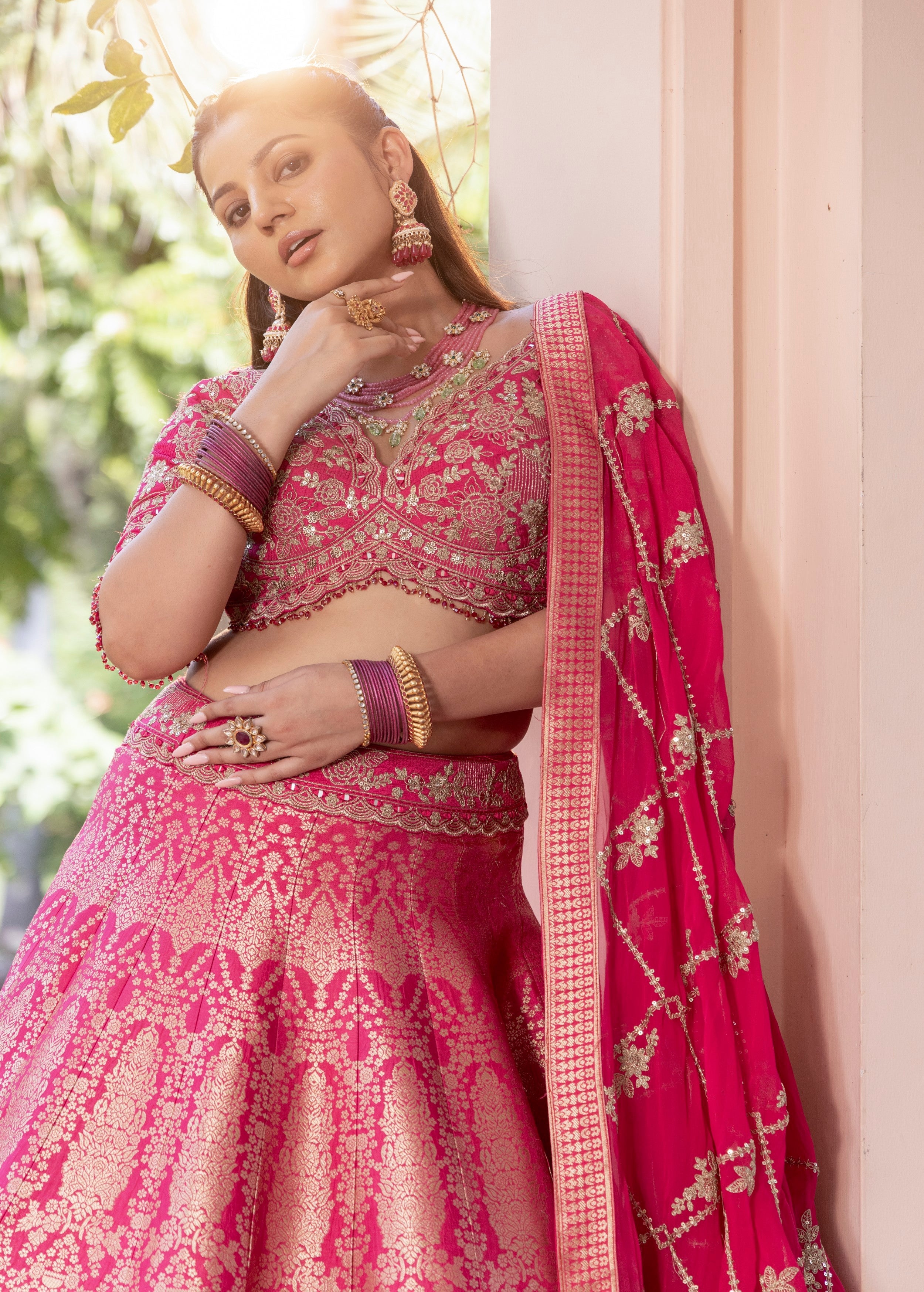 Rani Pink Embellished Banarasi Silk Lehenga Set