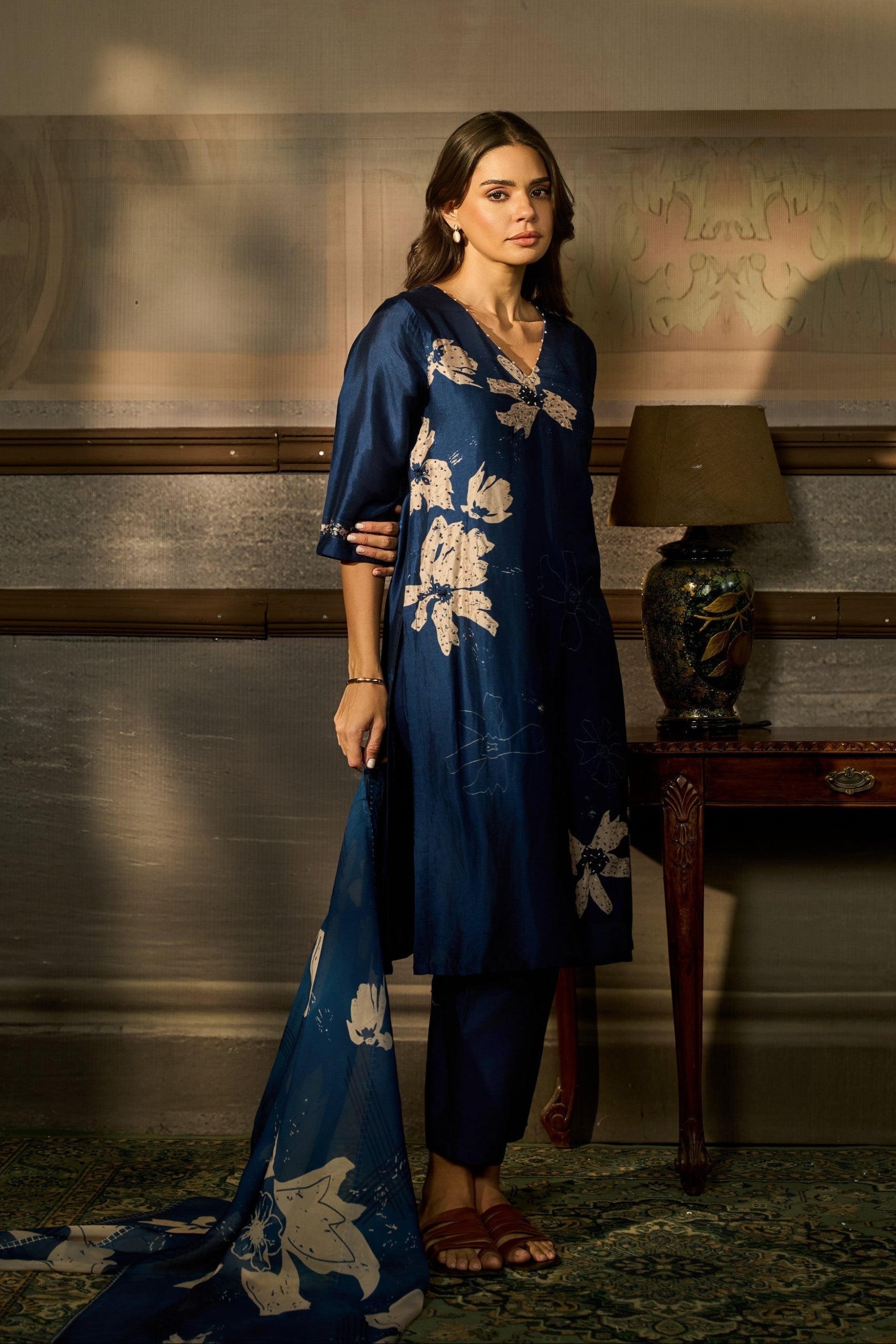 Navy Blue Printed Premium Silk Pant Set