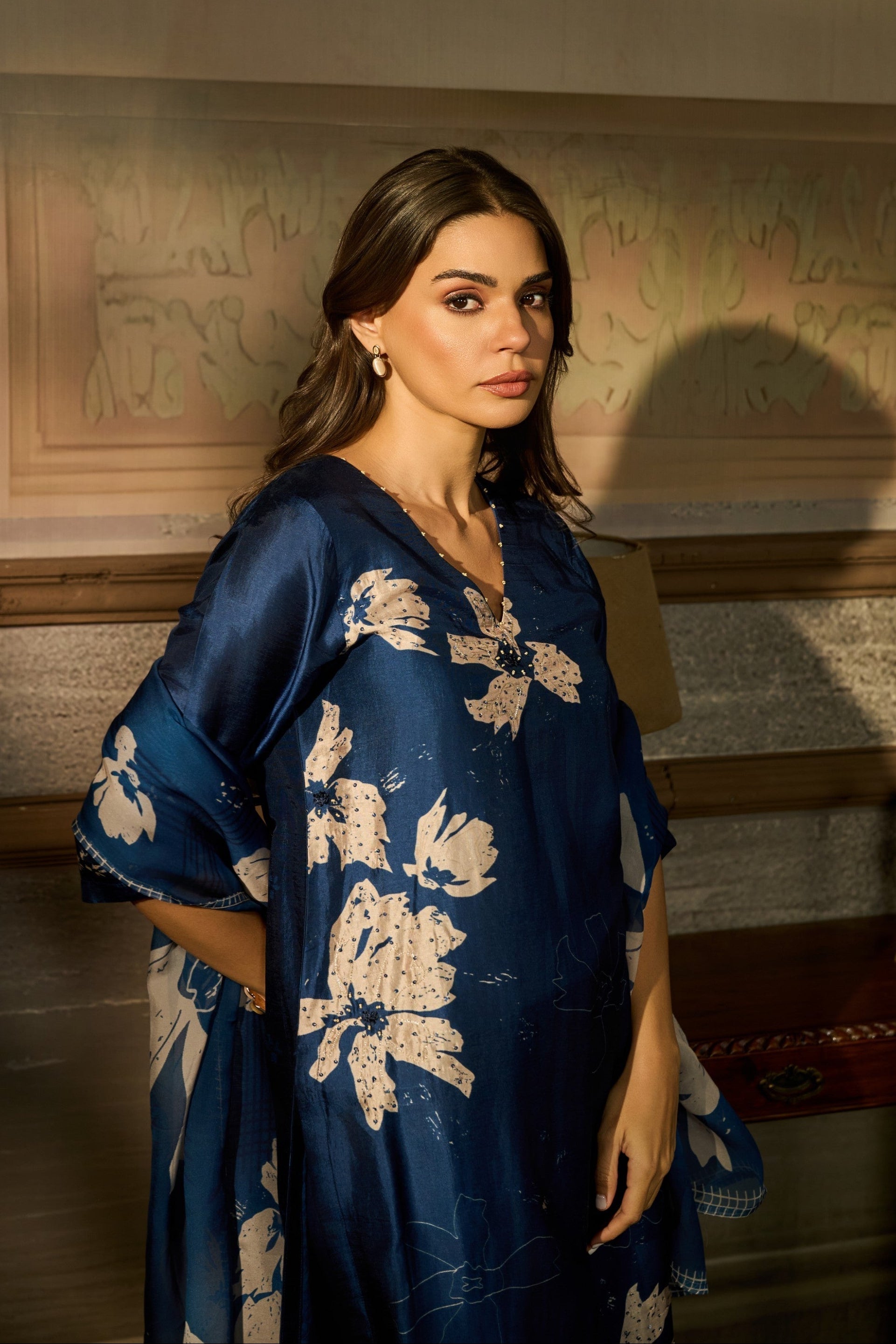 Navy Blue Printed Premium Silk Pant Set