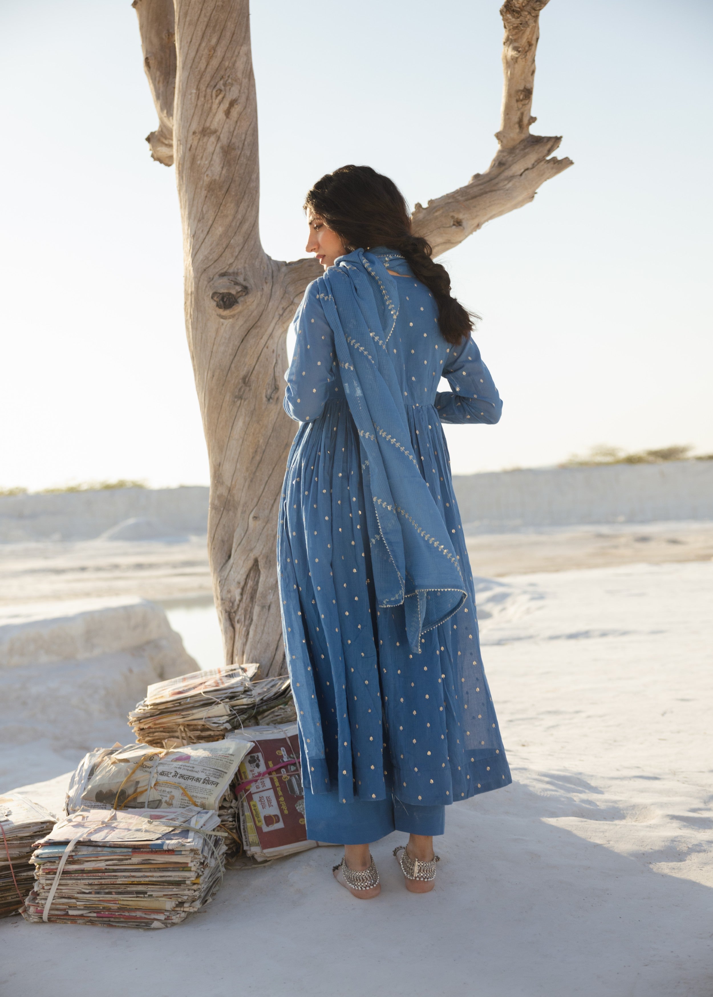 Slate Blue Embellished Mul Cotton Anarkali Set