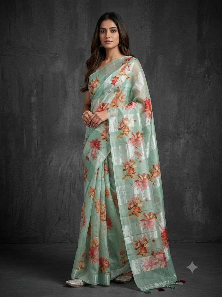 Seafoam Green Printed Pure Organza Silk Saree