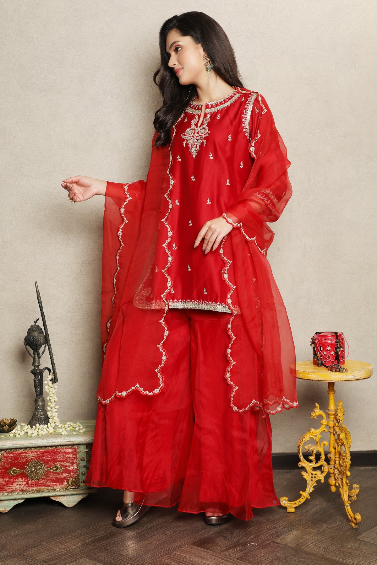 Bright Red Embellished Chanderi Silk Palazzo Set