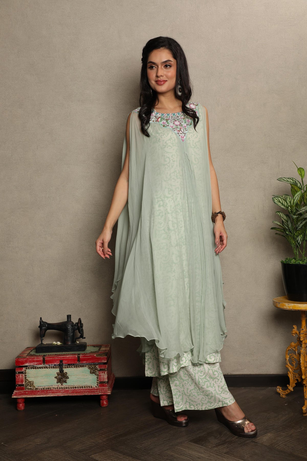 Muted Sage Embellished Chiffon Silk Kurta Set